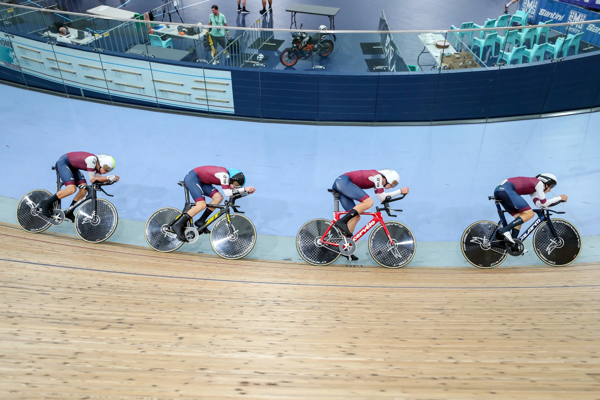 Luke Richert, Alex Hewes, Toby Jones and Will Heath in the junior men's team pursuit at the 2024 AusCycling Track National Championships. Picture: Mackenzie Sweetnam