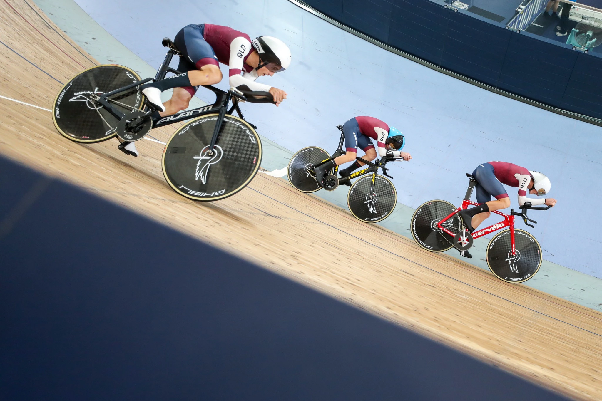 Will Heath, Alex Hewes and Toby Jones racing the U19 men's team pursuit at the 2024 AusCycling Track National Championships in Brisbane. Picture: Mackenzie Sweetnam