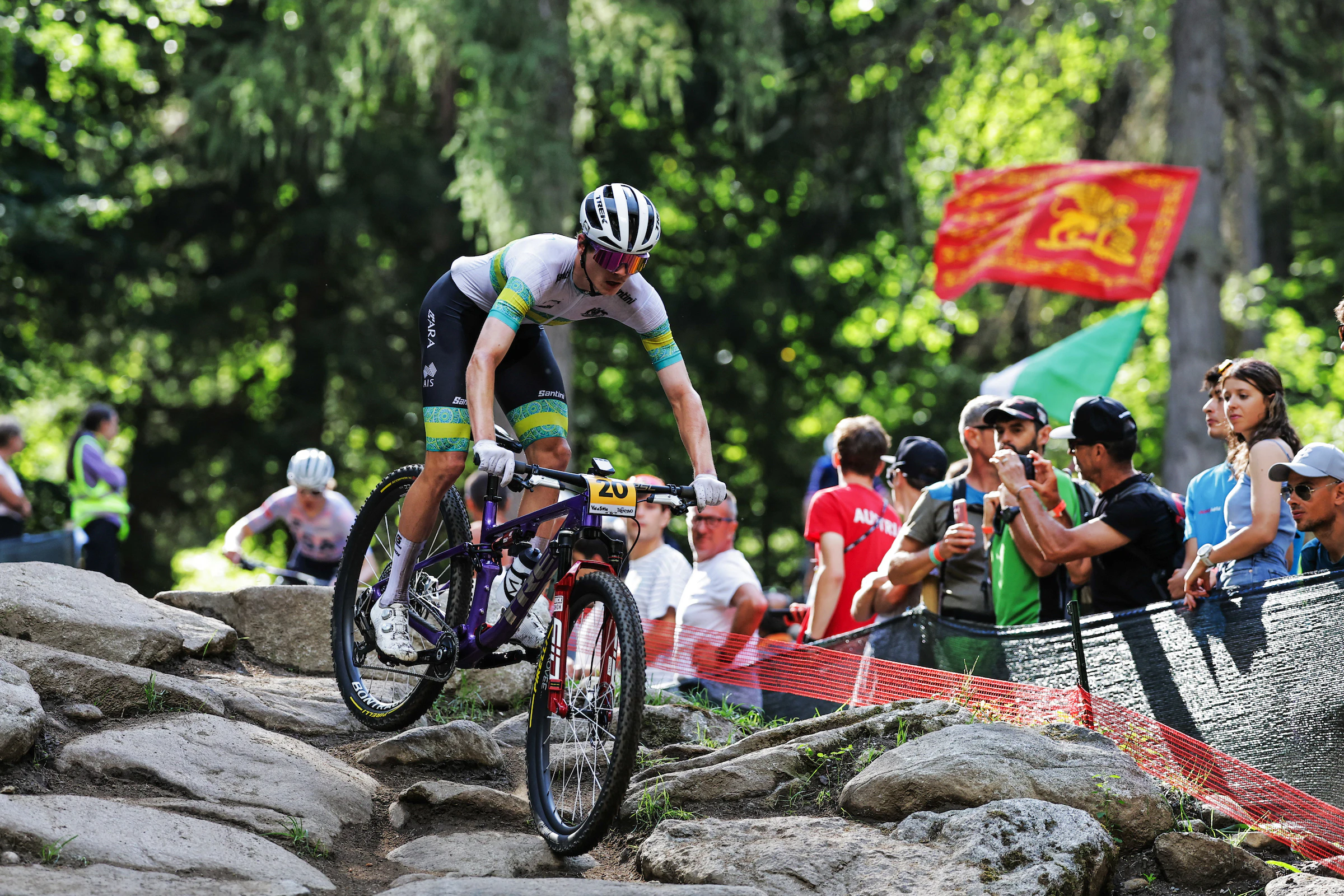 Jack Ward racing the U23 XCO race at the 2026 UCI Mountain Bike World Championships in Val di Sole, Italy. Picture: Alex Whitehead/SWpix.com