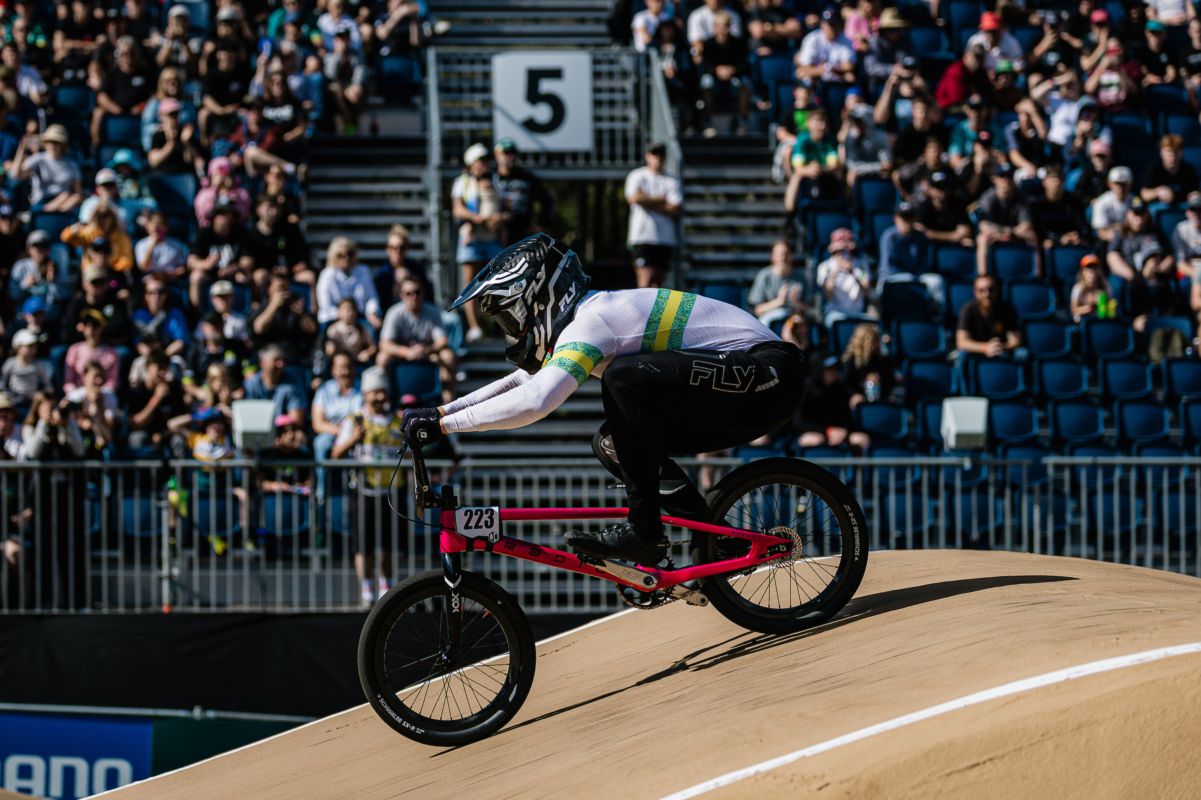 Jesse Asmus in the lead at the 2026 UCI BMX Racing World Championships in Brisbane, Australia