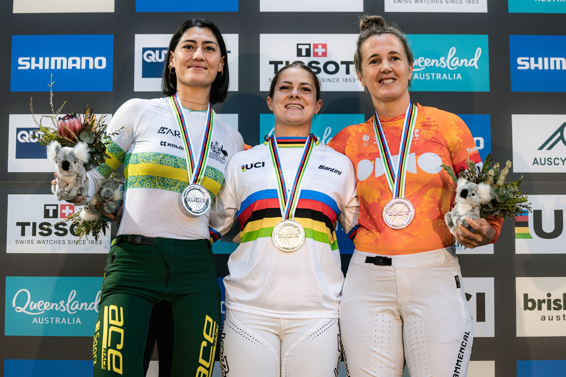 Saya Sakakibara in silver medal position behind Bethany Shriever at the 2026 UCI BMX Racing World Championships