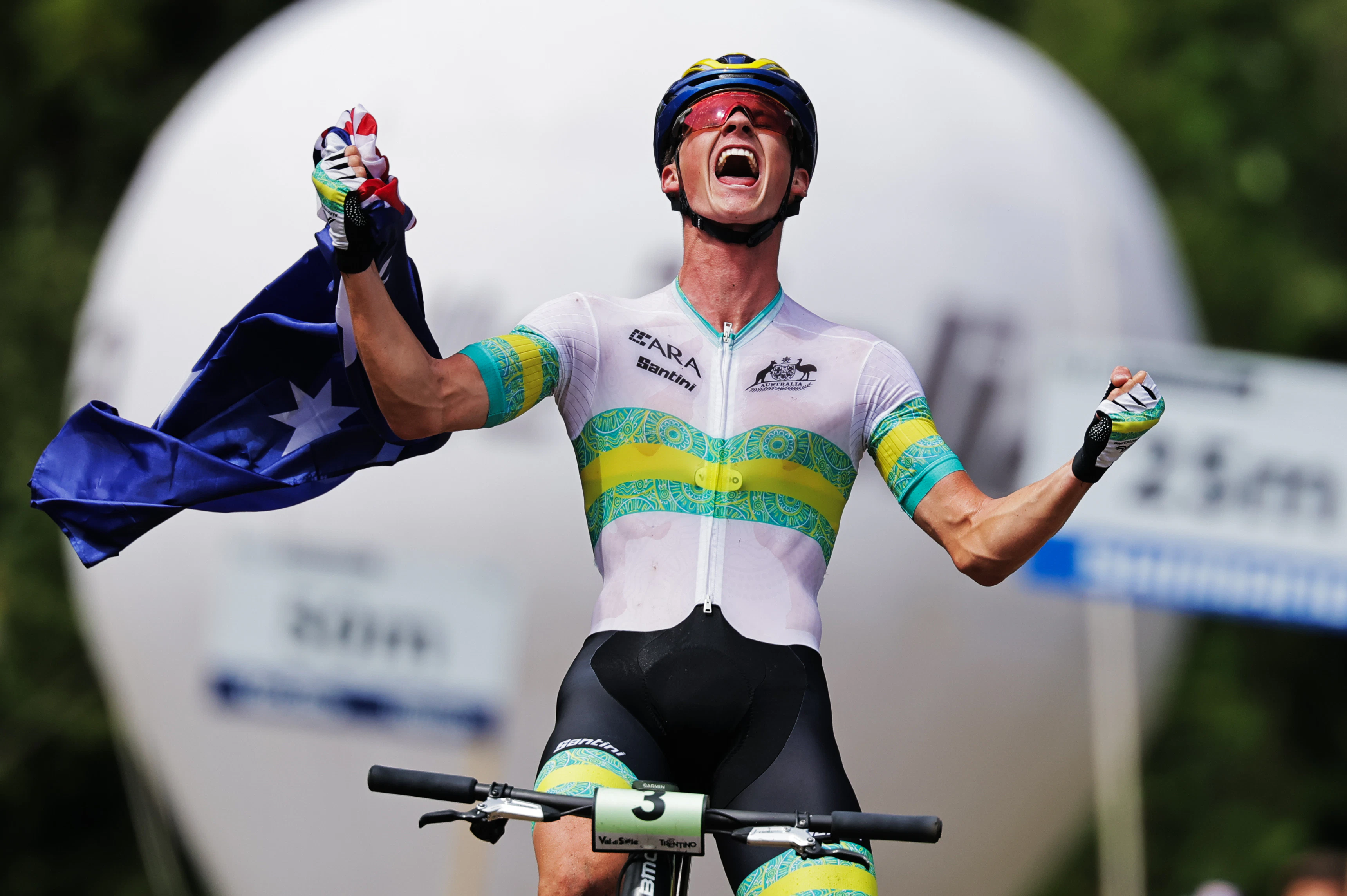 Connor Wright celebrates winning the 2026 junior XCO world title in Val di Sole. Picture: Alex Whitehead/SWpix.com