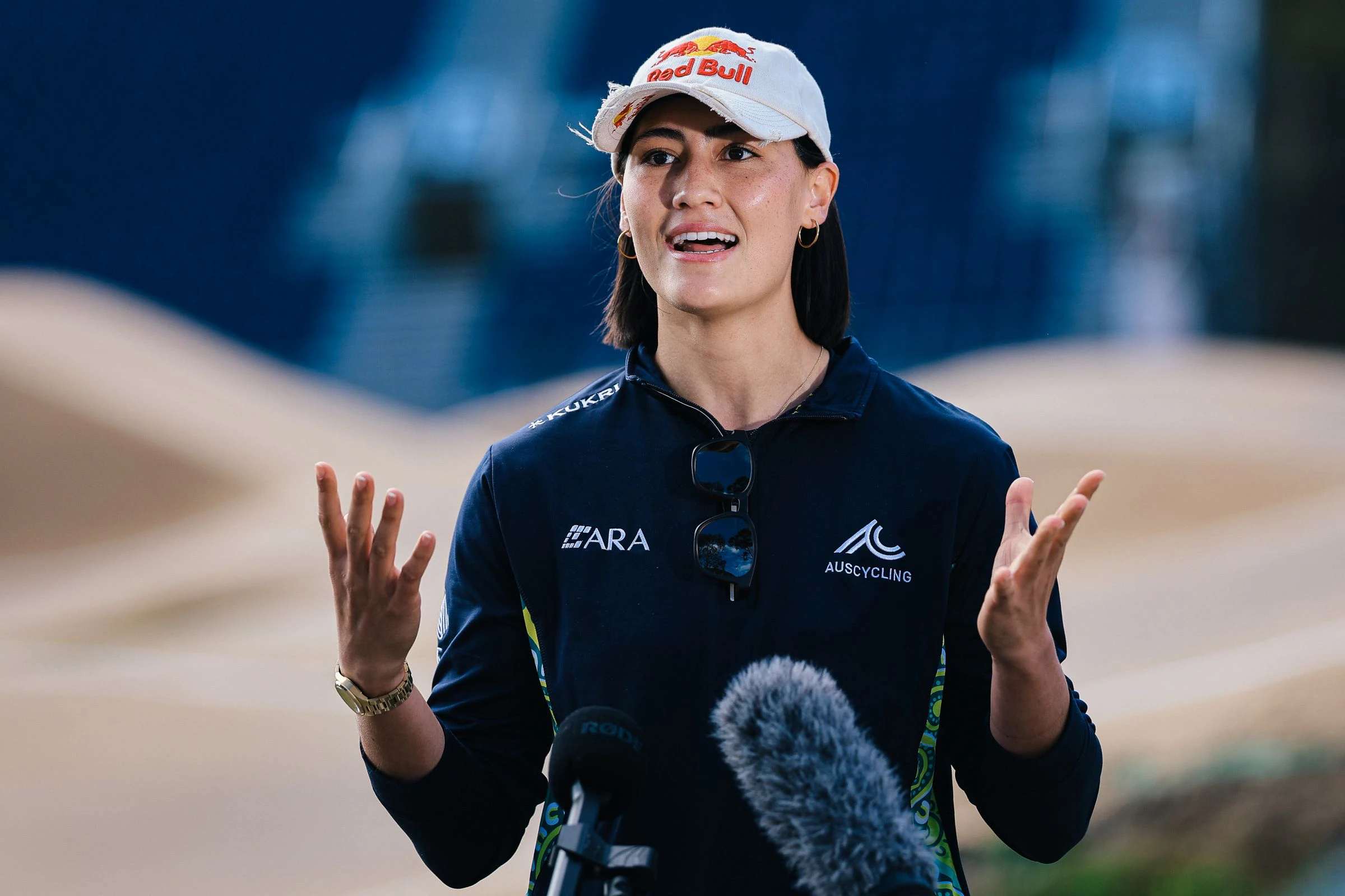 Saya Sakakibara, ARA Australian Cycling Team BMX Racing athlete, speaks to media at Brisbane SX International BMX Centre ahead of the 2026 UCI BMX Racing World Championships