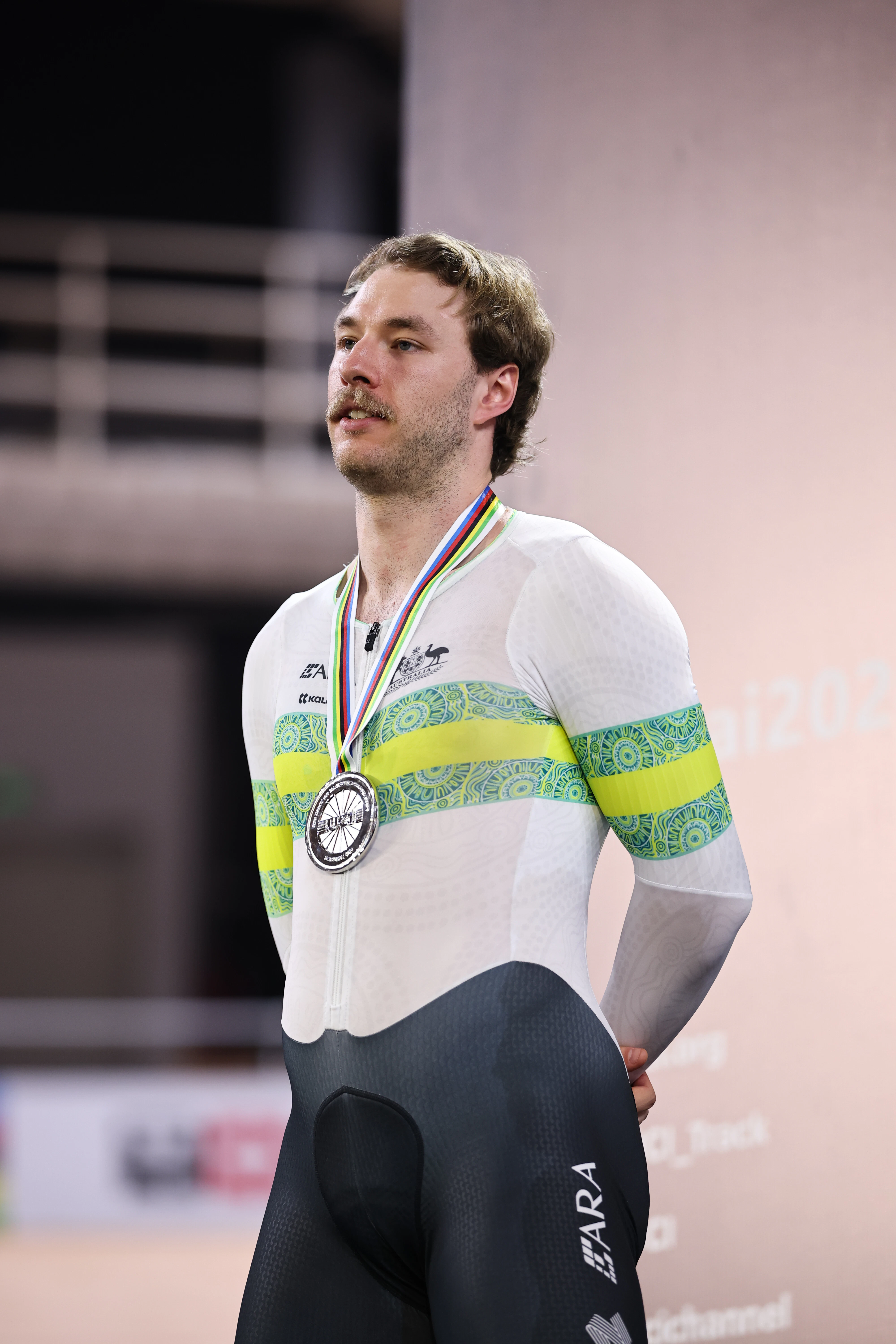 Leigh Hoffman on the podium after winning sprint silver at the 2026 UCI Track World Championships in Shanghai, China. Picture: Alex Whitehead/SWpix.com
