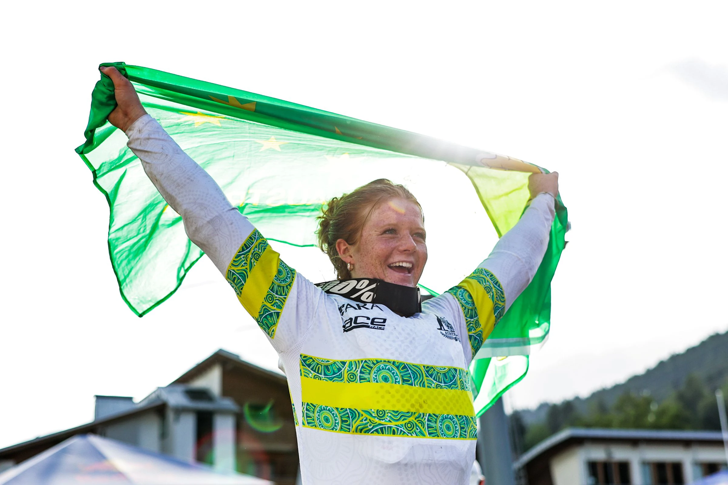 Tilly Boadle of the ARA Australian Cycling Team celebrates winning the Women Junior Downhill at the 2026 UCI Mountain Bike World Championships in Val di Sole, Italy