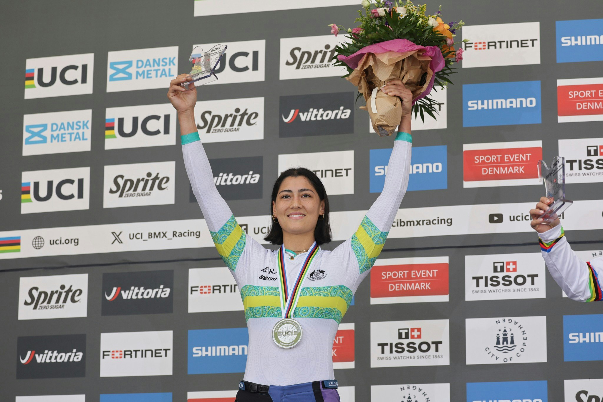 Saya Sakakibara on the podium after winning silver at the 2025 UCI BMX Racing World Championships in Copenhagen, Denmark. Picture: SWpix.com/Alex Whitehead