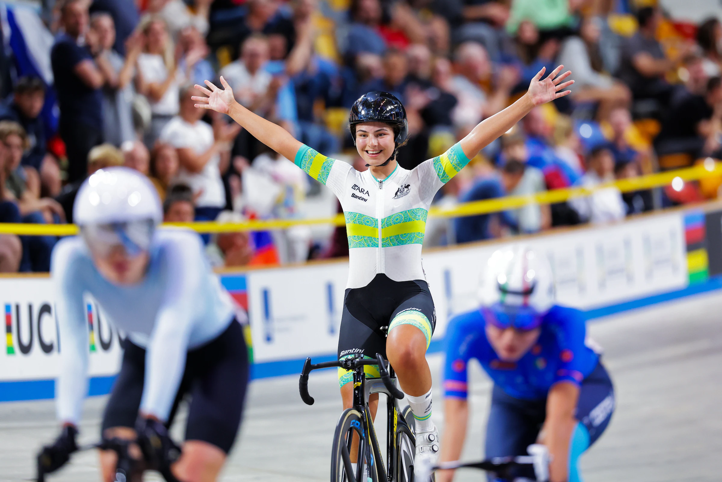 Anna Dubier celebrates winning the junior women's points race world championship at the 2025 UCI Junior Track World Championships in Apeldoorn. Picture: SWpix.com/Alex Whitehead