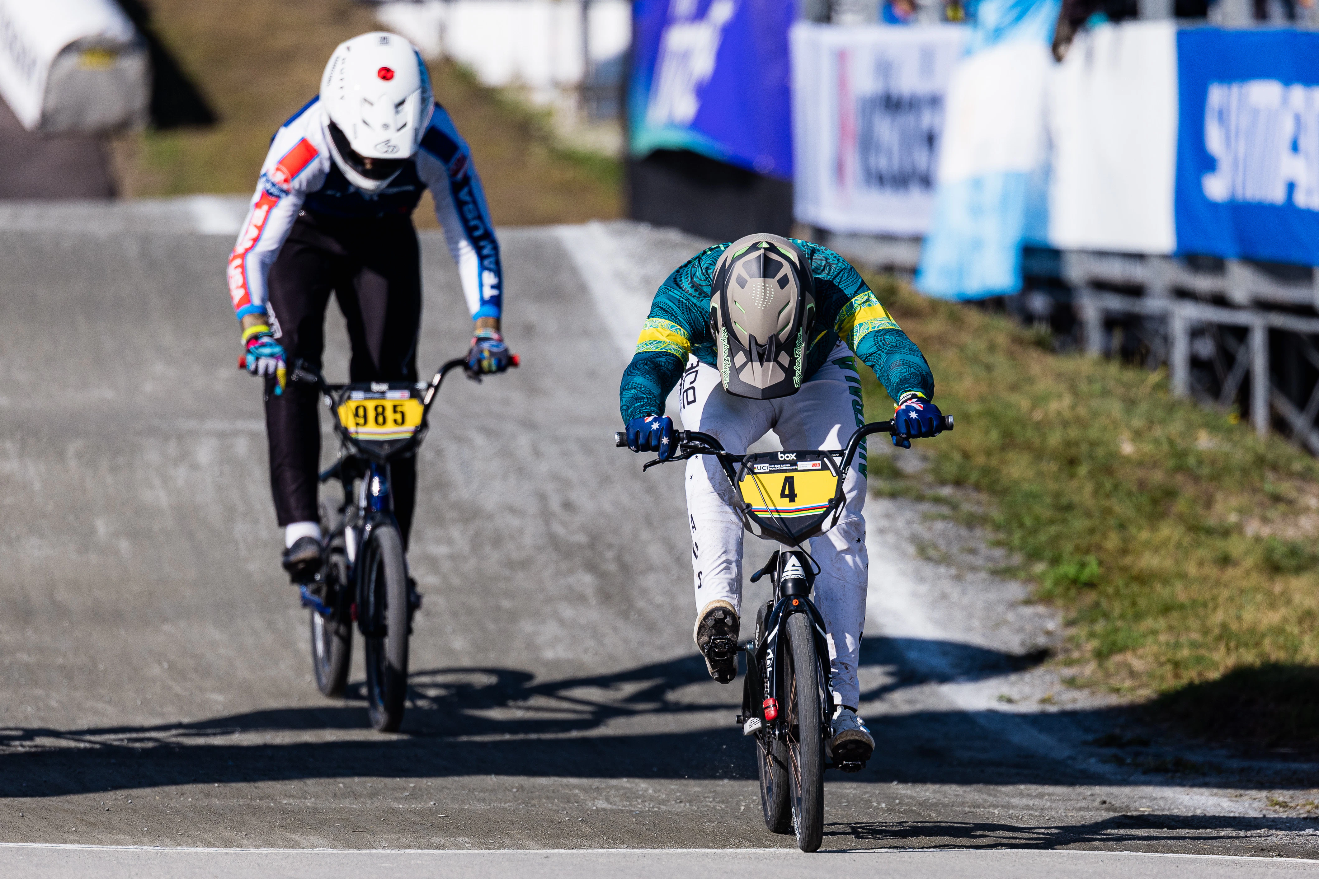 Corey Frieswyk winning the 2025 Masters Men UCI BMX Racing World Championship in Copenhagen. Picture: SWpix.com/Alex Whitehead