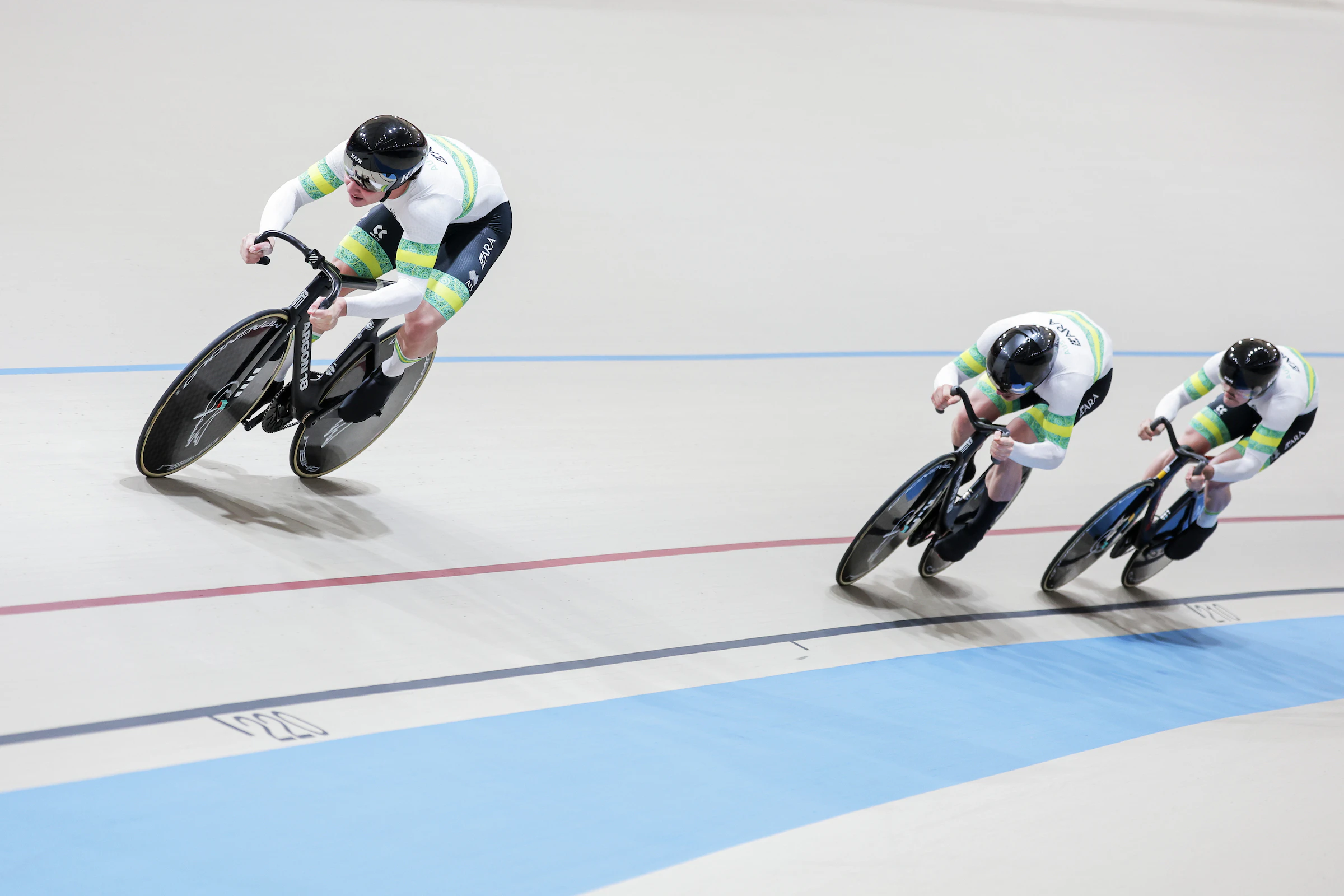 Ryan Elliott, Leigh Hoffman and Danny Barber racing in the first round of the men's team sprint at the 2025 UCI Track World Championships in Santiago, Chile. Picture: Alex Whitehead/SWpix.com