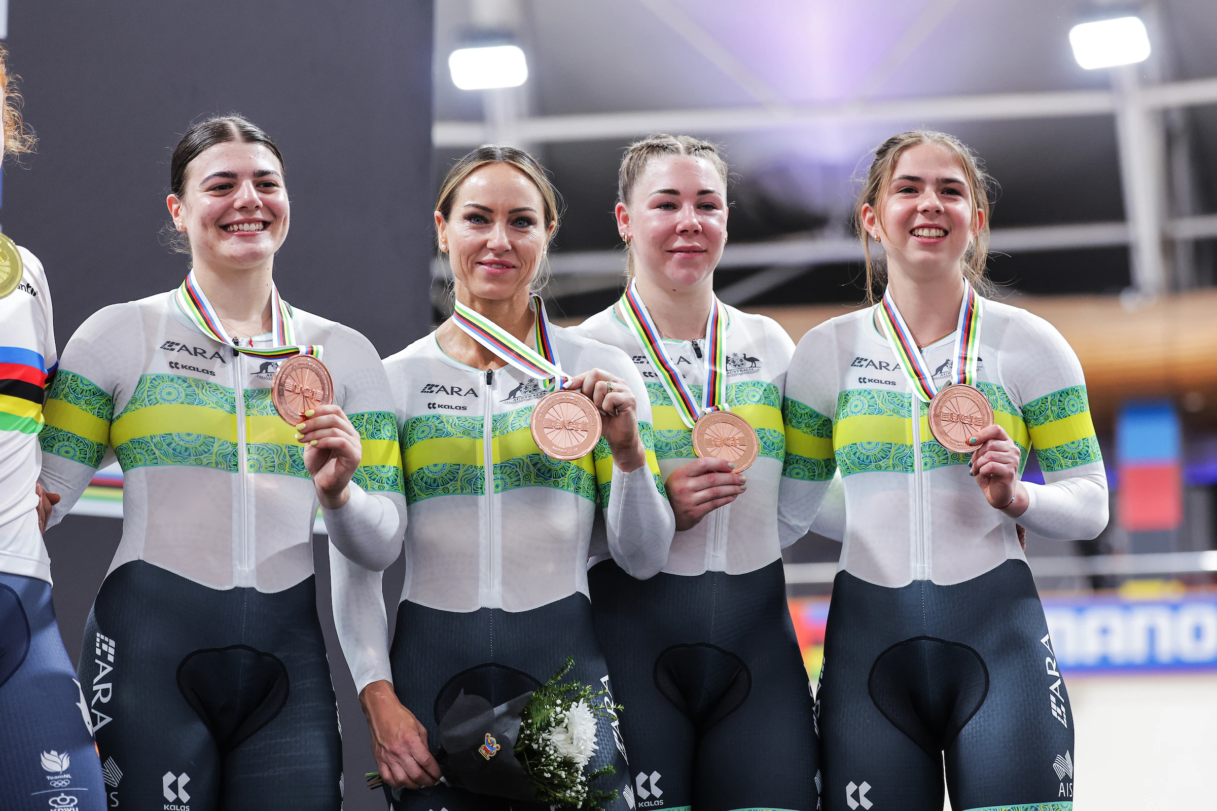 Alessia McCaig, Kristine Perkins, Molly McGill and Liliya Tatarinoff on the women's team sprint podium in bronze medal position at the 2025 UCI Track World Championships in Santiago, Chile. Picture: Alex Whitehead/SWpix.com