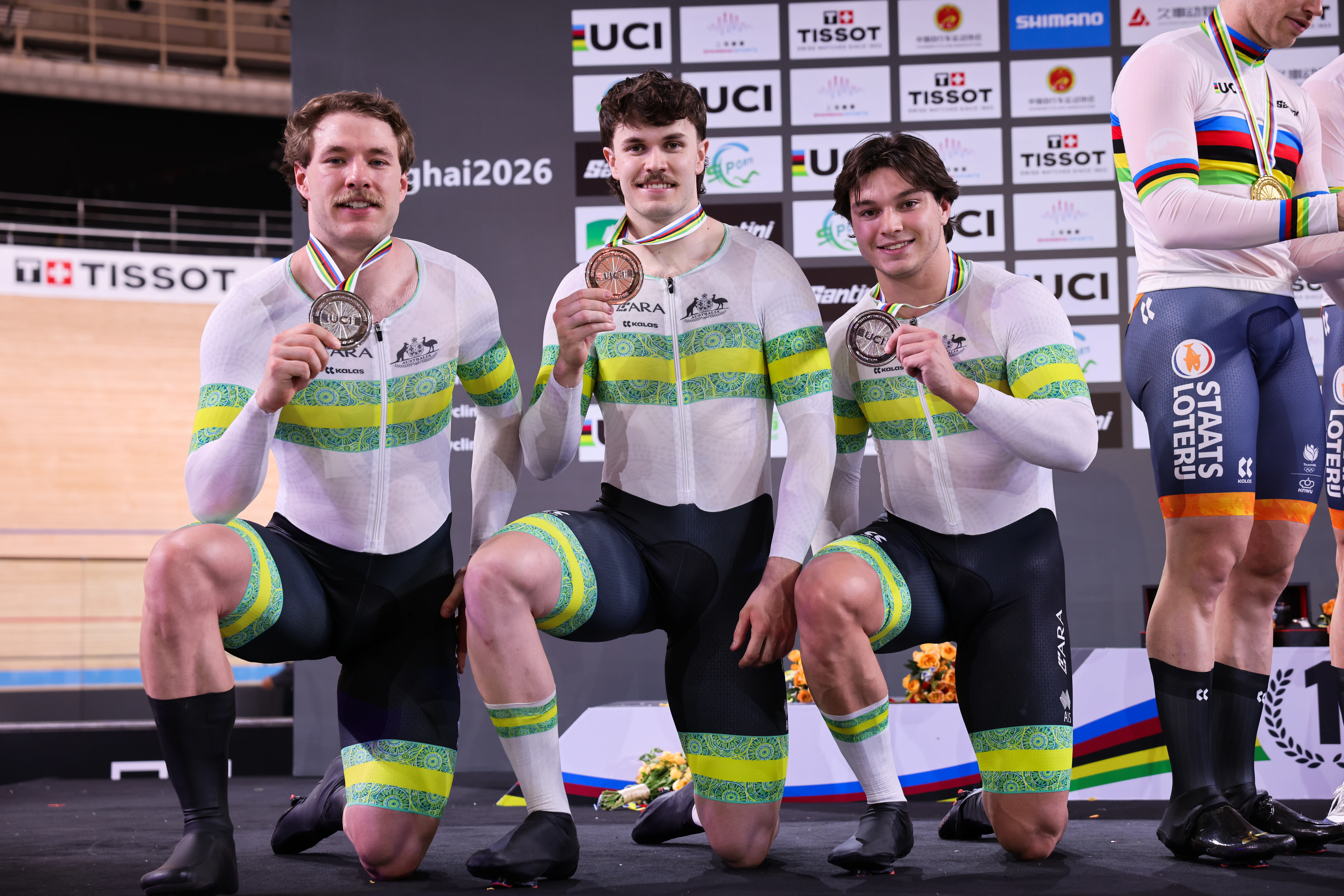 Leigh Hoffman, Danny Barber and Ryan Elliott after winning team sprint silver at the 2026 UCI Track World Championships in Shanghai, China. Picture: Alex Whitehead/SWpix.com