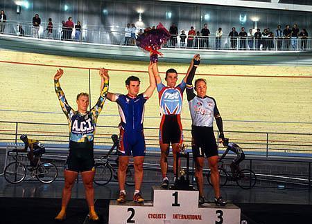 Darren Young, Andrew Loft, Shane Kelly and Kial Stewart - podium of the 2002 Austral Wheelrace. (Picture: Kathy Watt)