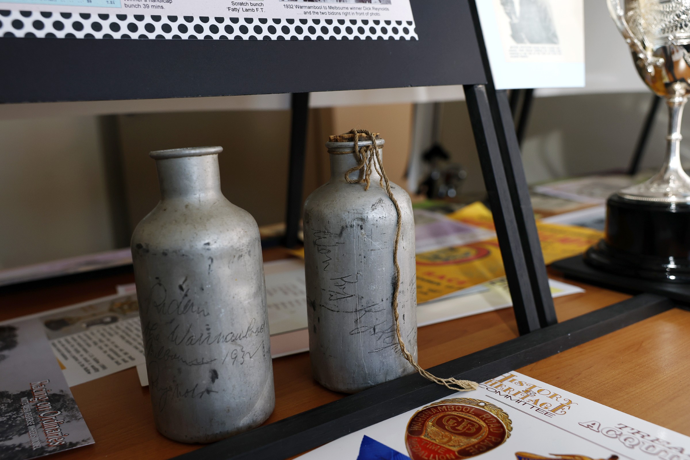 Two aluminium bidons, part of the AusCycling Victorian History Archive managed by the AusCycling History and Heritage Victorian sub-committee
