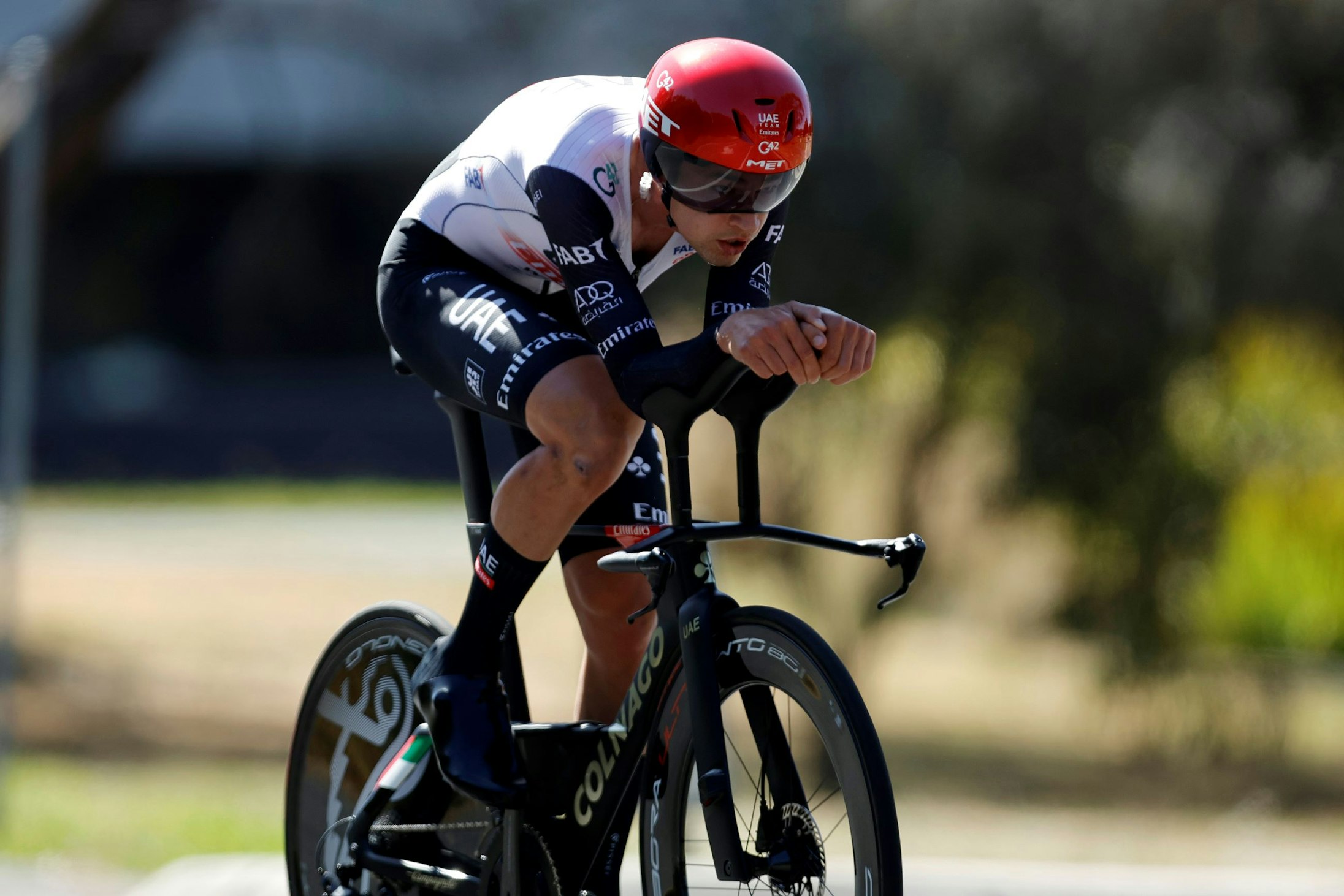 Australian road cyclist Jay Vine competing for UAE Team Emirates in the 2023 individual time trial elite men's national championship in Buninyong, Ballarat, Victoria. Photo by Con Chronis
