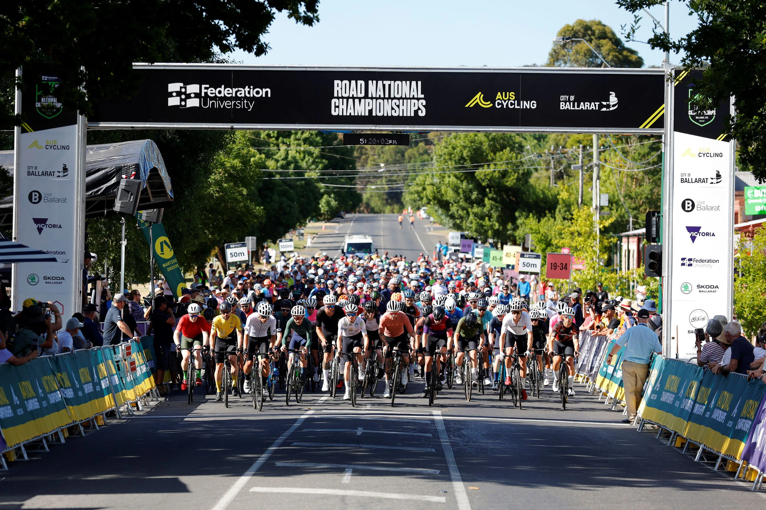Riders leaving the start line of the 2023 Gran Fondo National Championships at the AusCycling Road National Championships in Buninyong, Ballarat