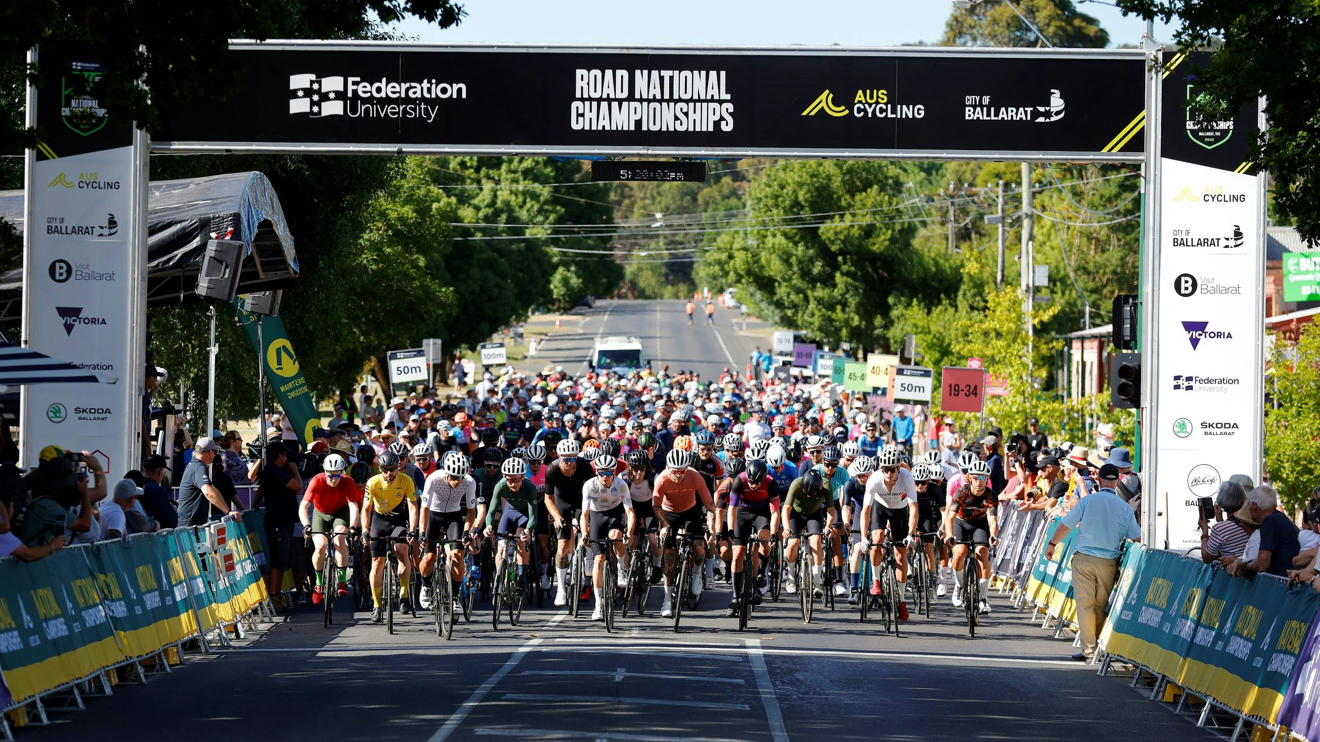 Riders leaving the start line of the 2023 Gran Fondo National Championships at the AusCycling Road National Championships in Buninyong, Ballarat