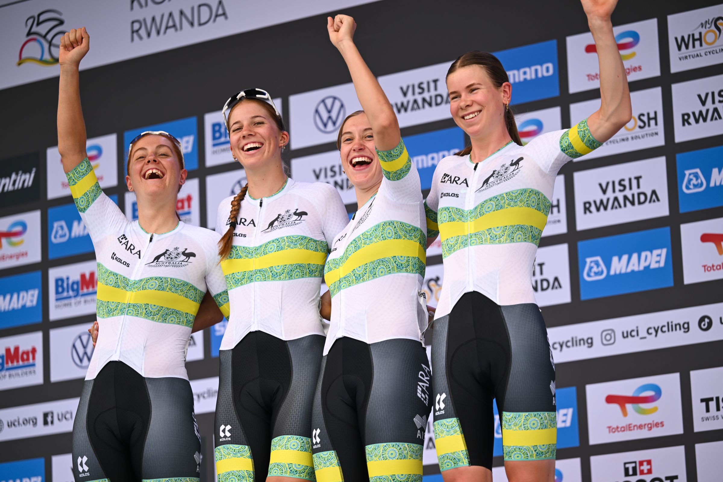 2025 UCI Road World Championships - Kigali Convention Centre, Kigali, Rwanda - Women Under-23 Road Race - Felicity Wilson-Haffenden, Mackenzie Coupland, Alli Anderson and Talia Appleton (Australia) at the team presentation