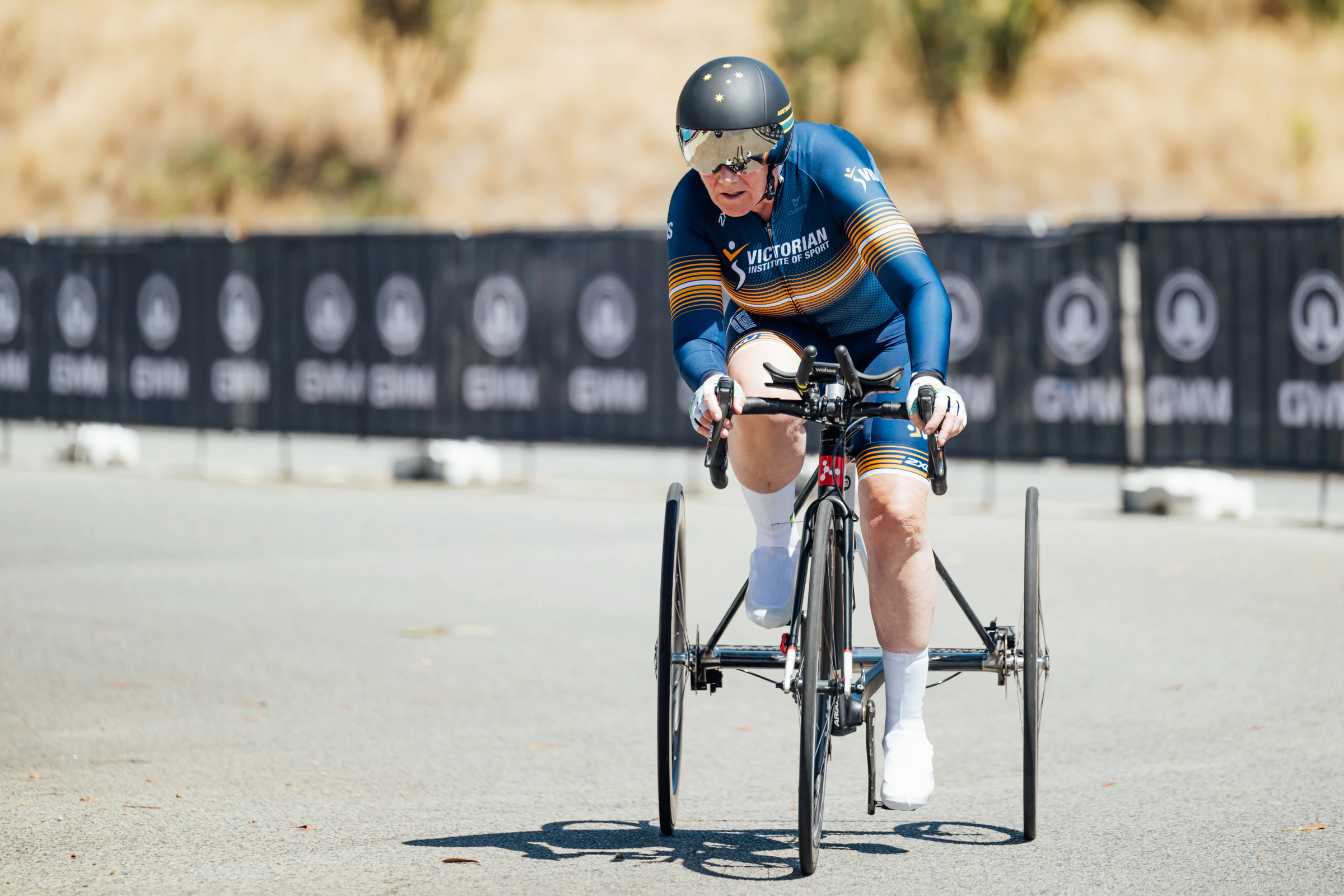 Carol Cooke racing in the time trial at the 2025 AusCycling Road National Championships in Perth. Picture: Chris Auld
