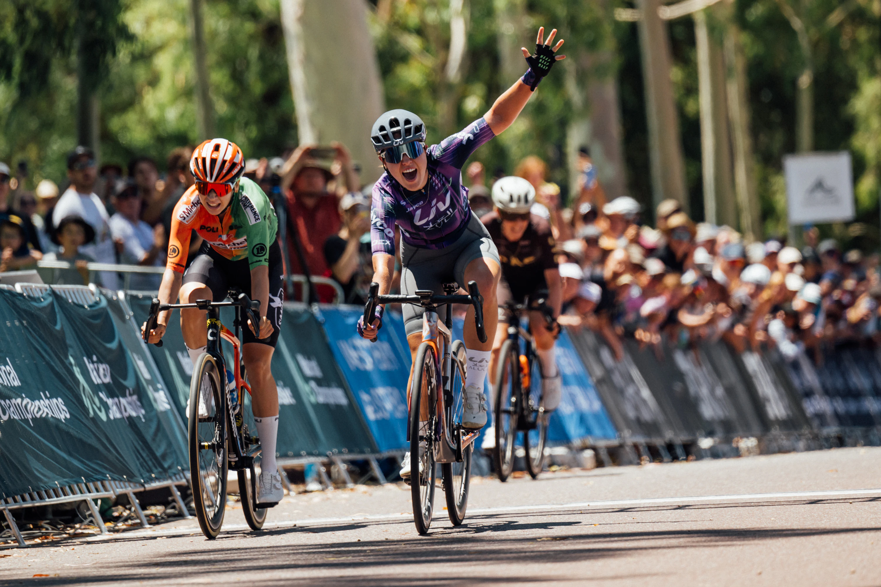 Lucinda Stewart wins the elite women's and U23 road race national championships at the 2025 AusCycling Road National Championships in Perth. Picture: Chris Auld