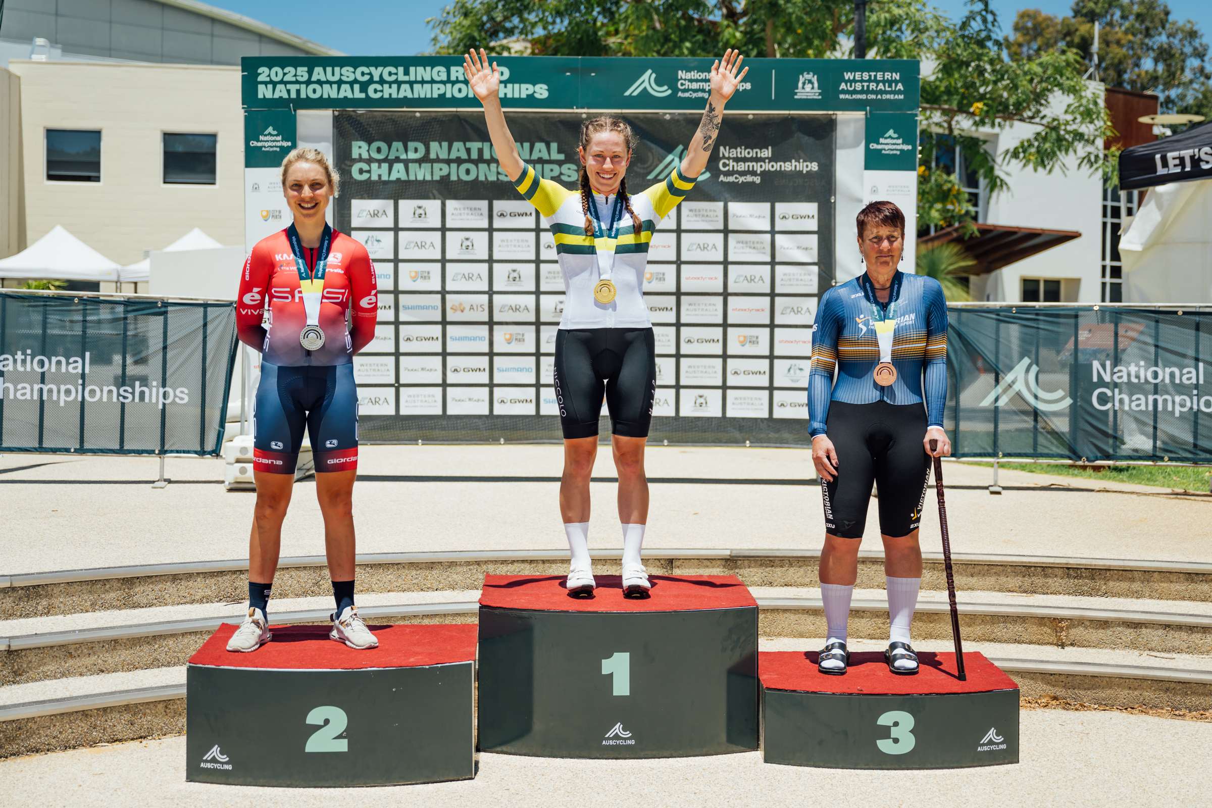 Tara Neyland after winning the time trial at the 2025 AusCycling Road National Championships in Perth. Picture Chris Auld