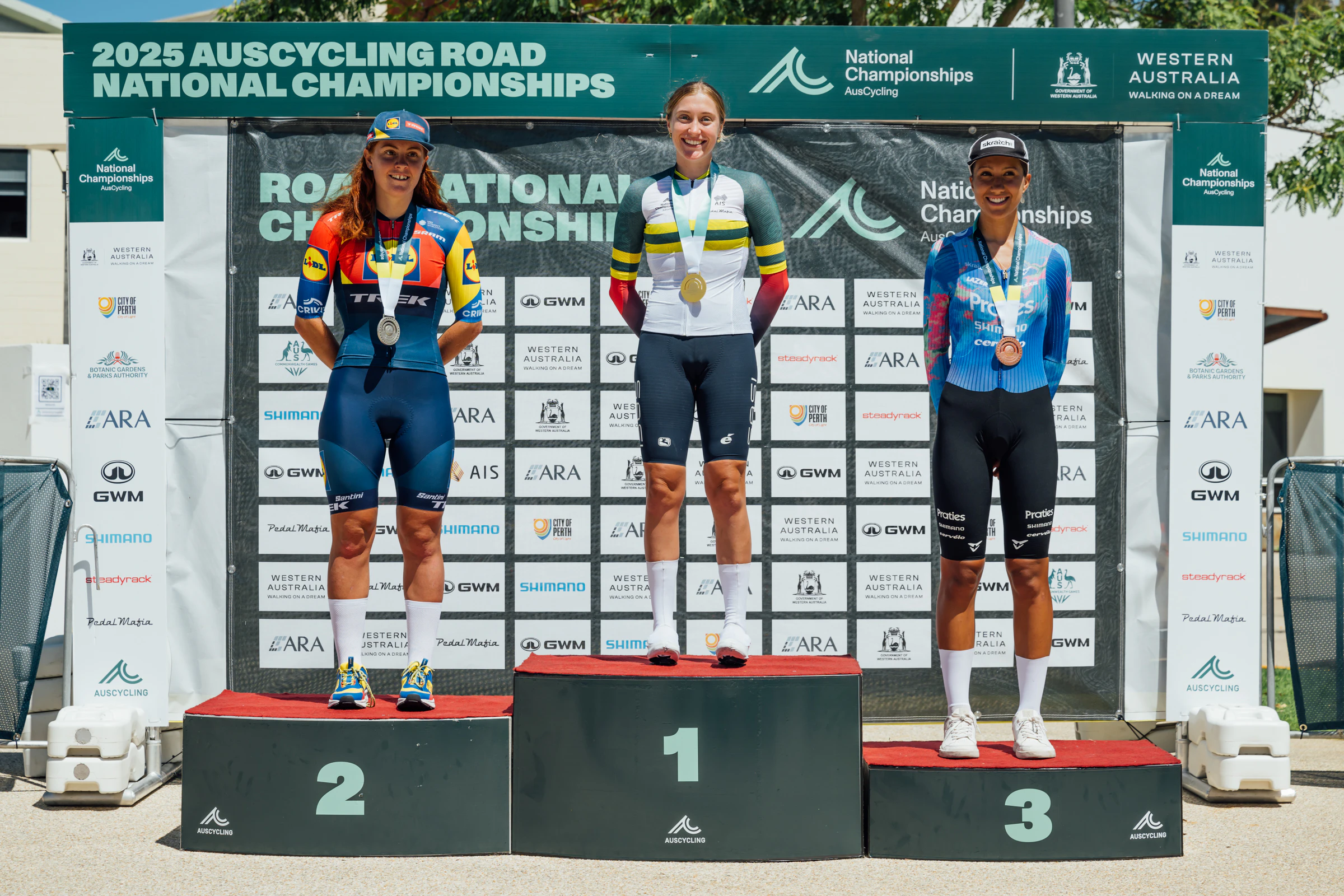 The under-23 women's time trial podium at the 2025 AusCycling Road National Championshps. Alli Anderson (1), Felicity Wilson-Haffenden (2), Sophia Sammons (3). Picture: Chris Auld