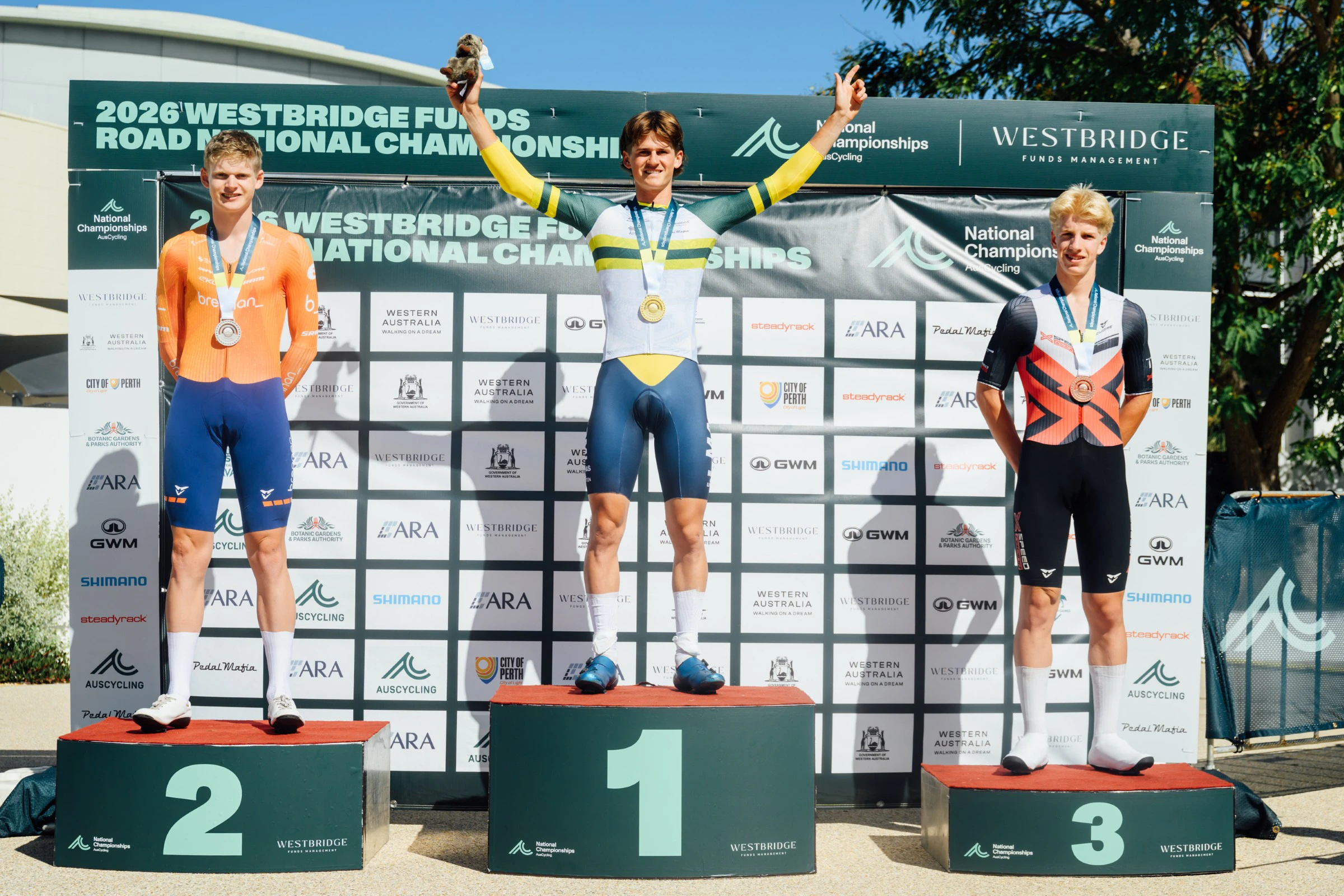 Connor Wright on the top step of the U19 Men time trial podium at RoadNats26 at the Westbridge Funds Road National Championships in Perth