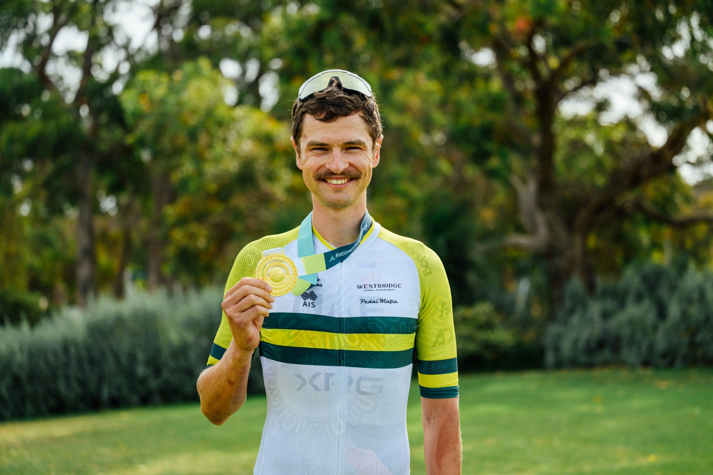 Jay Vine in the green and gold jersey of ITT National Champion at the 2026 Westbridge Funds Road National Championships in Perth