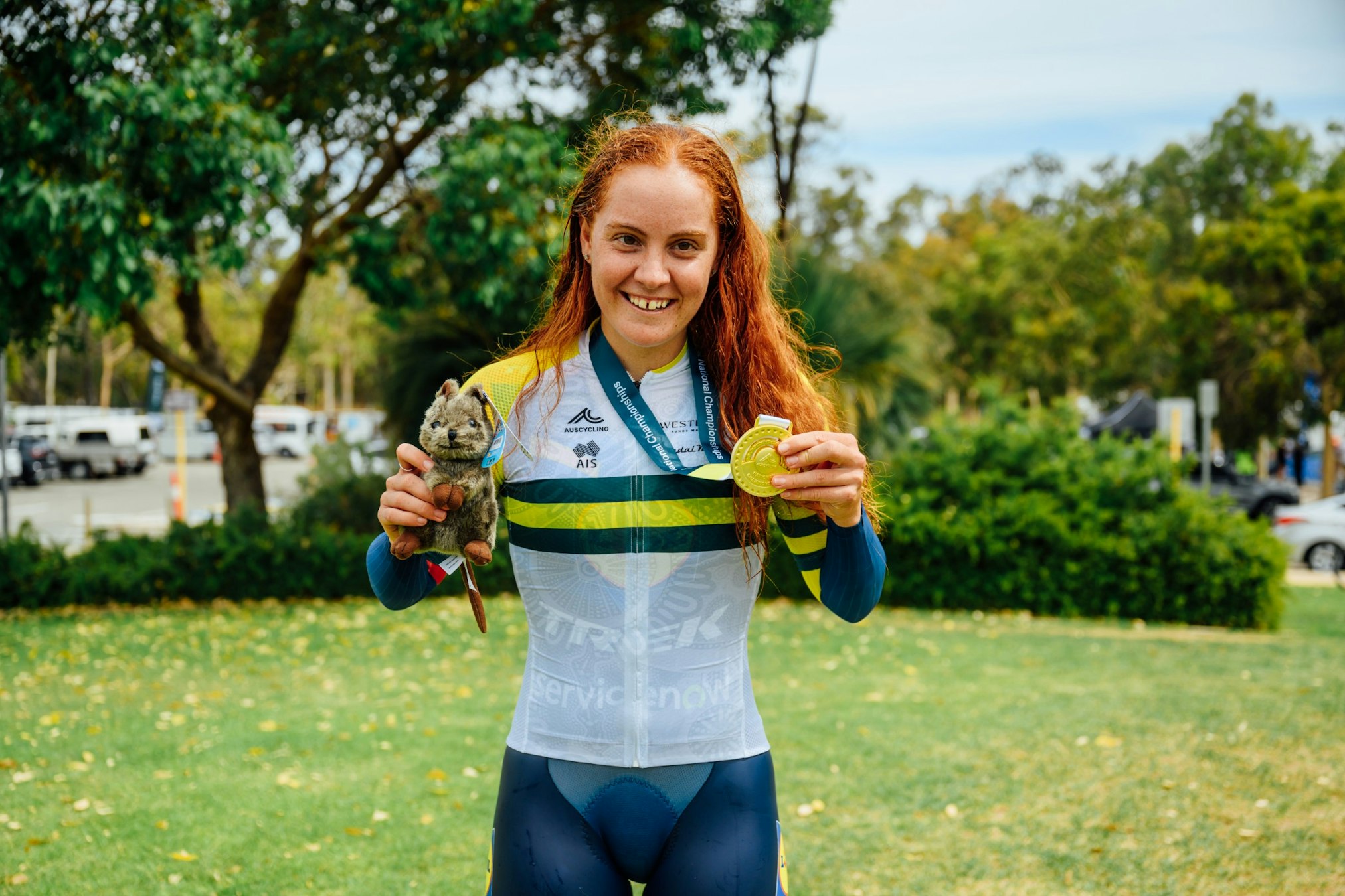 Felicity Wilson-Haffenden with the green-and-gold jersey as the elite women's individual time trial national champion at the 2026 Westbridge Funds Road National Championships in Perth