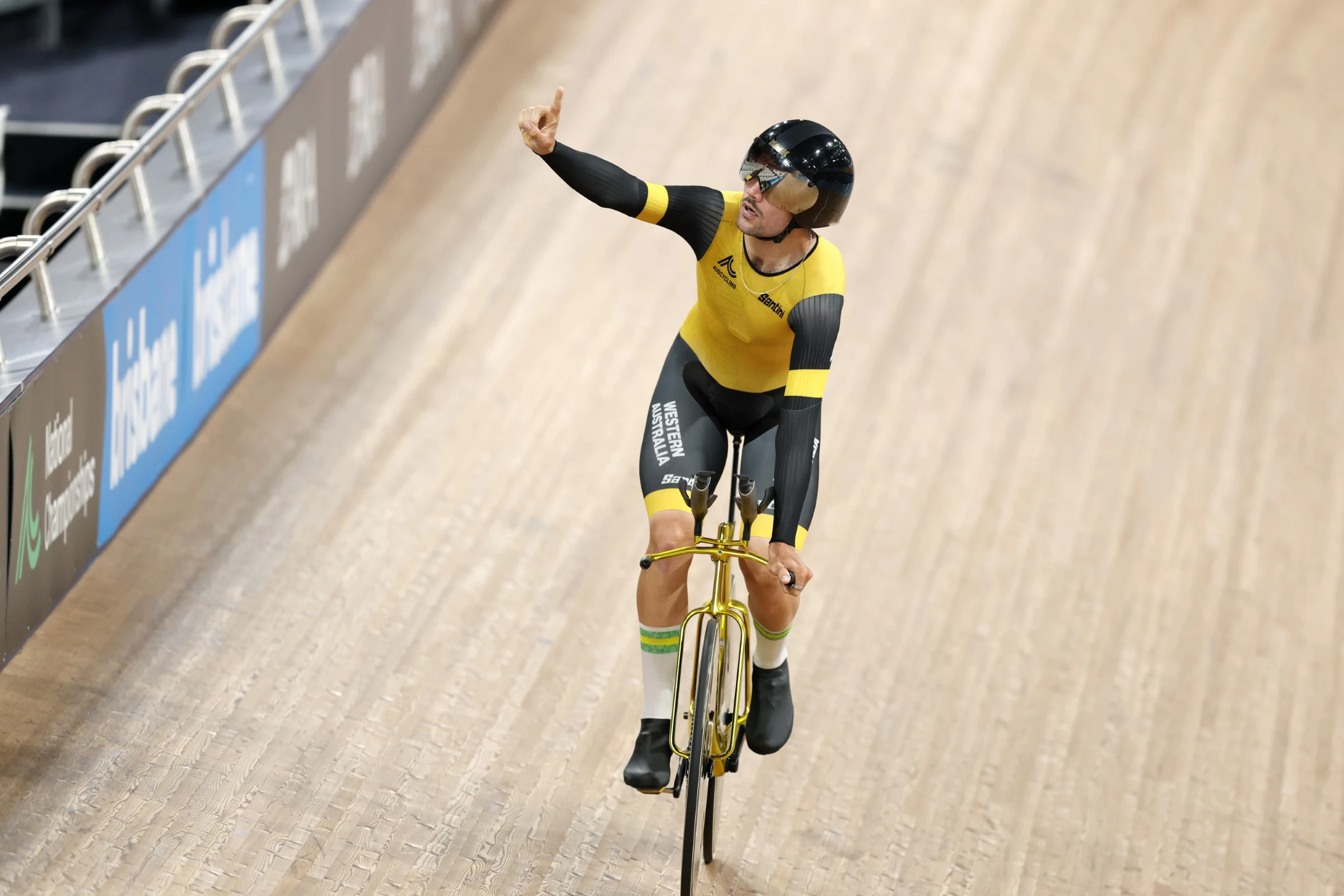 West Australian cyclist Conor Leahy celebrates winning the men's individual pursuit with a national record at the 2026 AusCycling Track National Championships at the Anna Meares Velodrome, Brisbane, Queensland