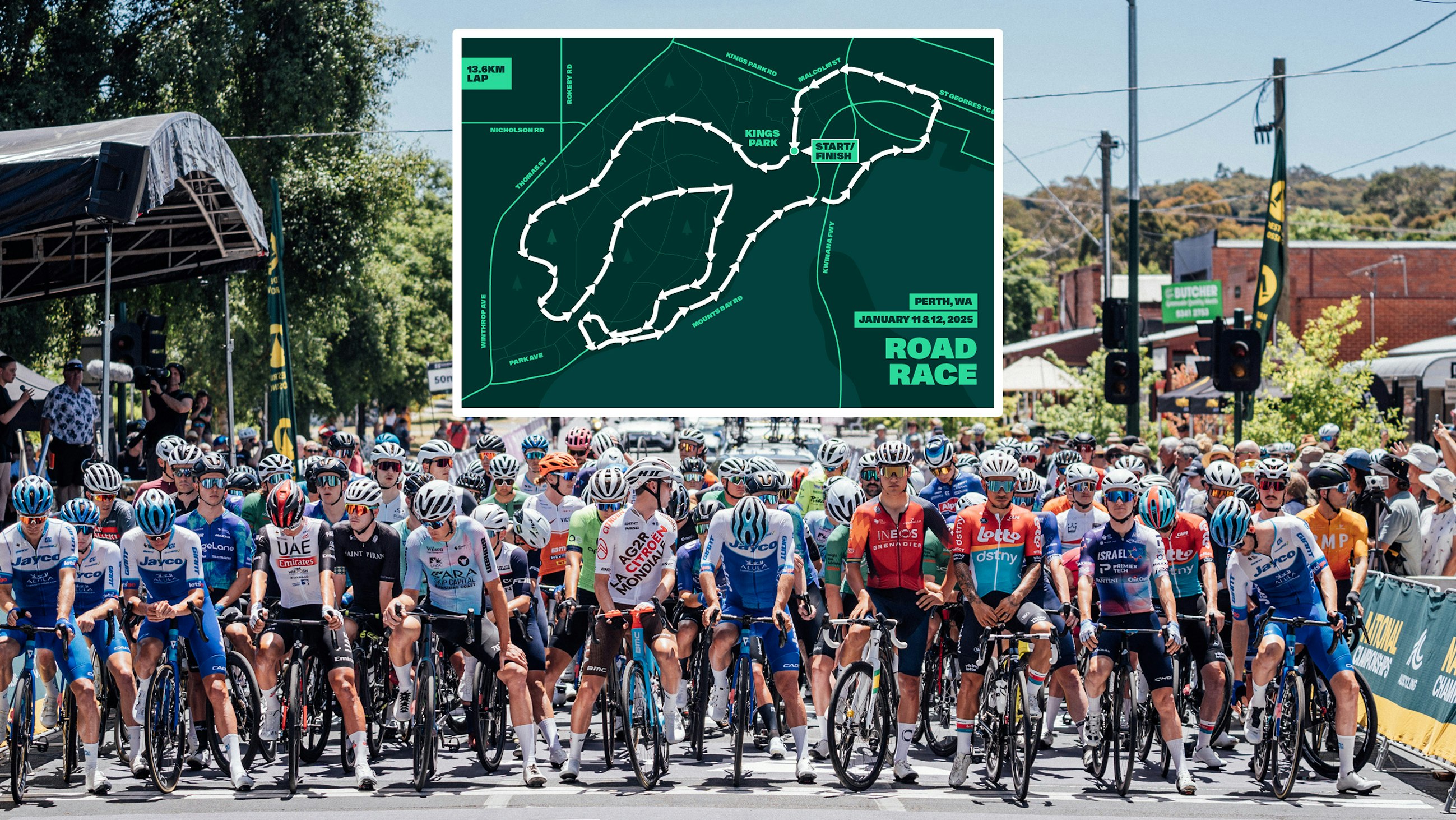 The course graphic of the 2025 AusCycling Road National Championships road race in Perth overlaid along a startline of a men's peloton at a road race