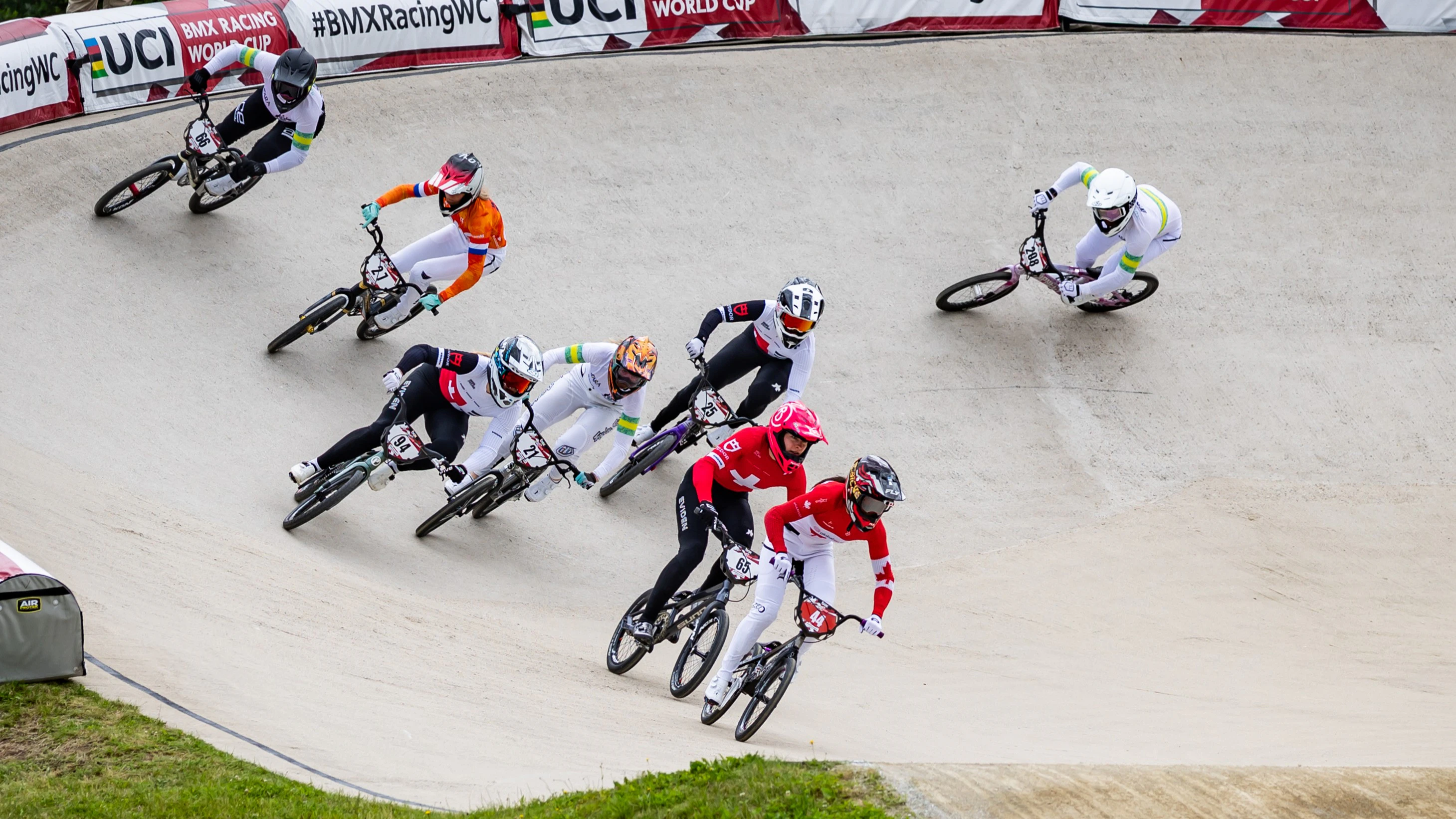 Molly Simpson leads the field in a race at the 2026 UCI BMX Racing World Cup in Sarrians France