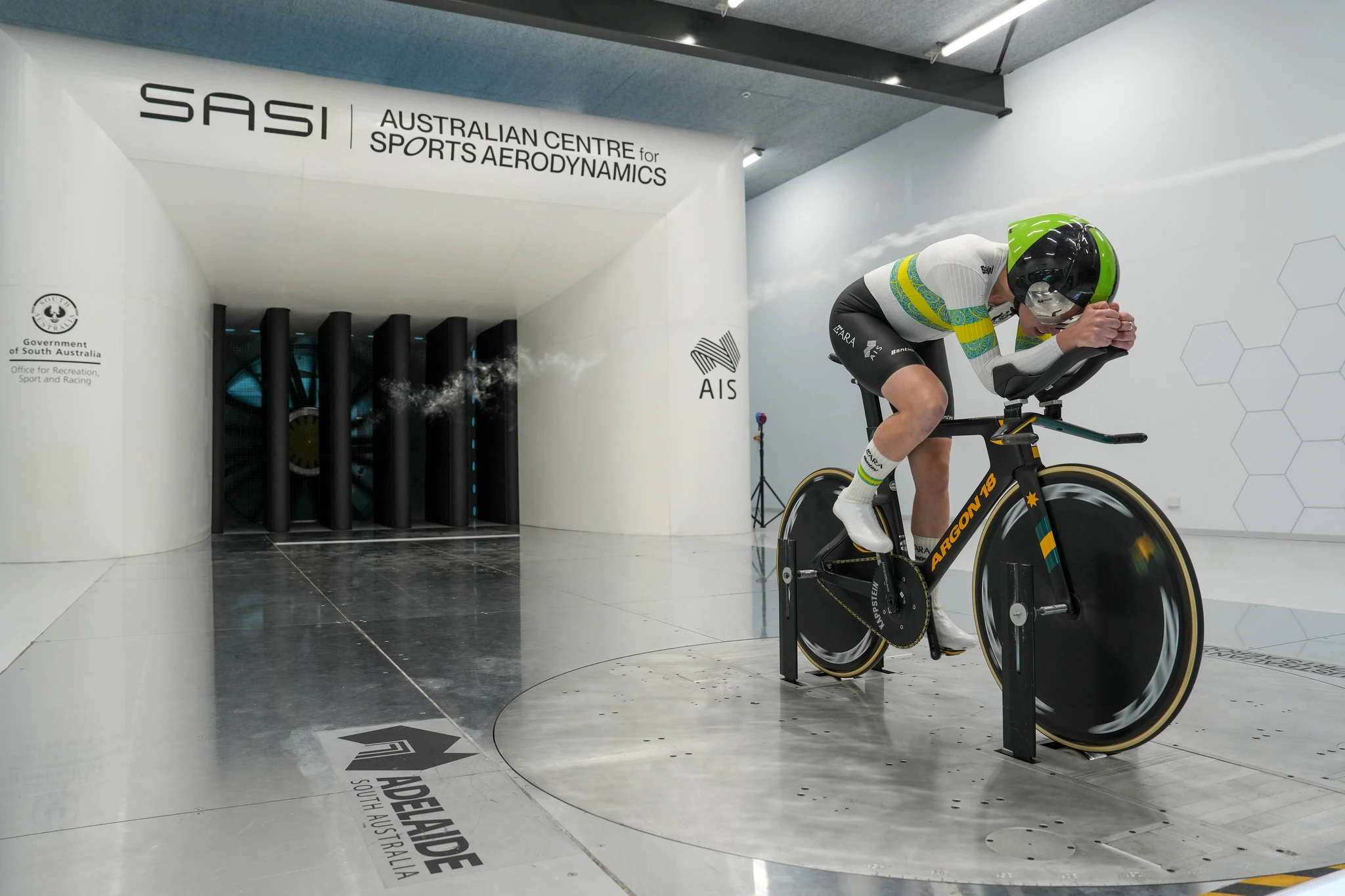 Sophie Edwards in the Australian Centre for Sports Aerodynamics (ACSA) in Adelaide, South Australia. Picture: SASI