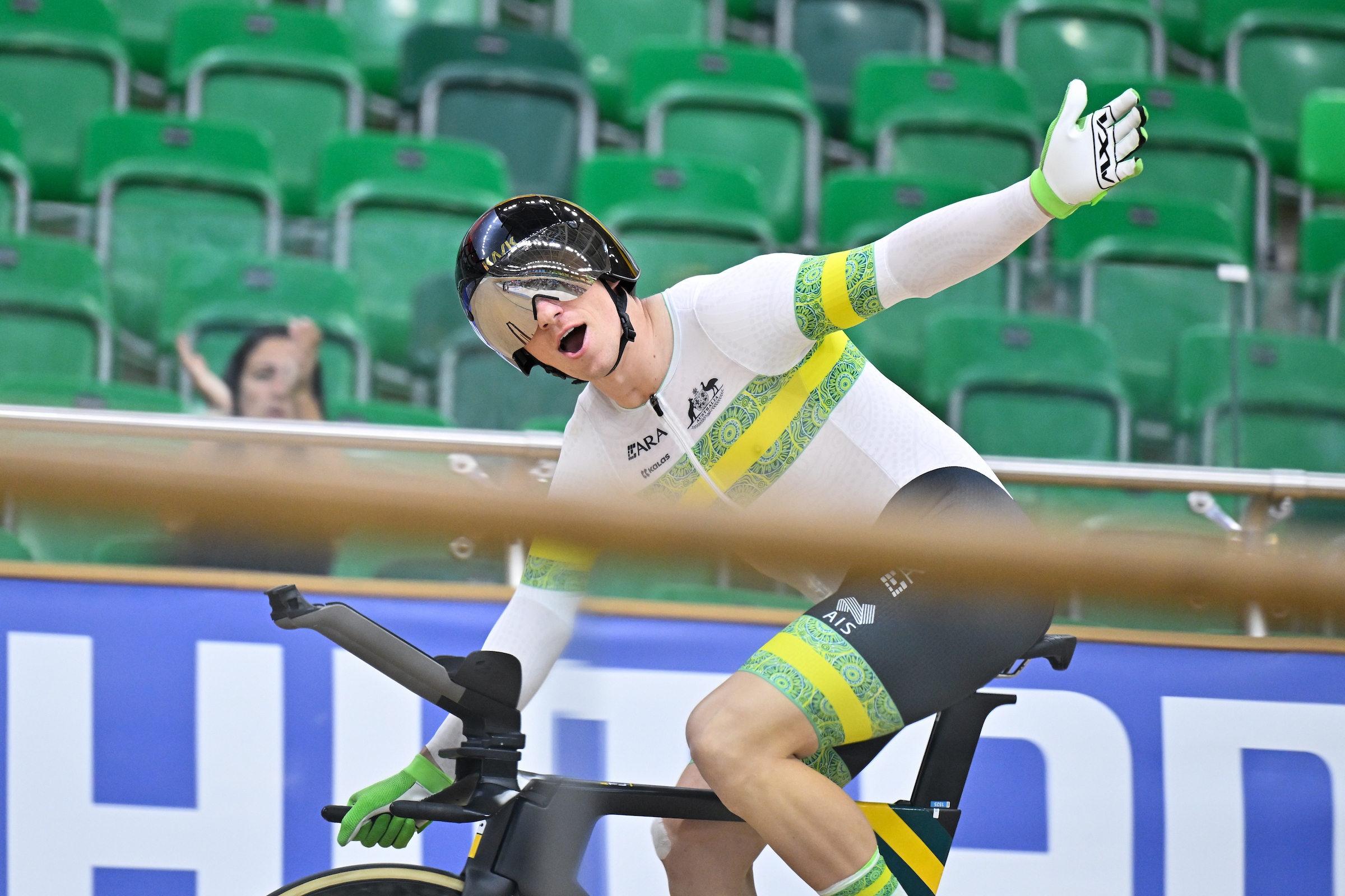 Korey Boddington celebrates after winning gold and setting a new world record in C3 Men 1km Time Trial at the 2025 UCI Para-cycling Track World Championships in Rio. Picture: SWpix.com
