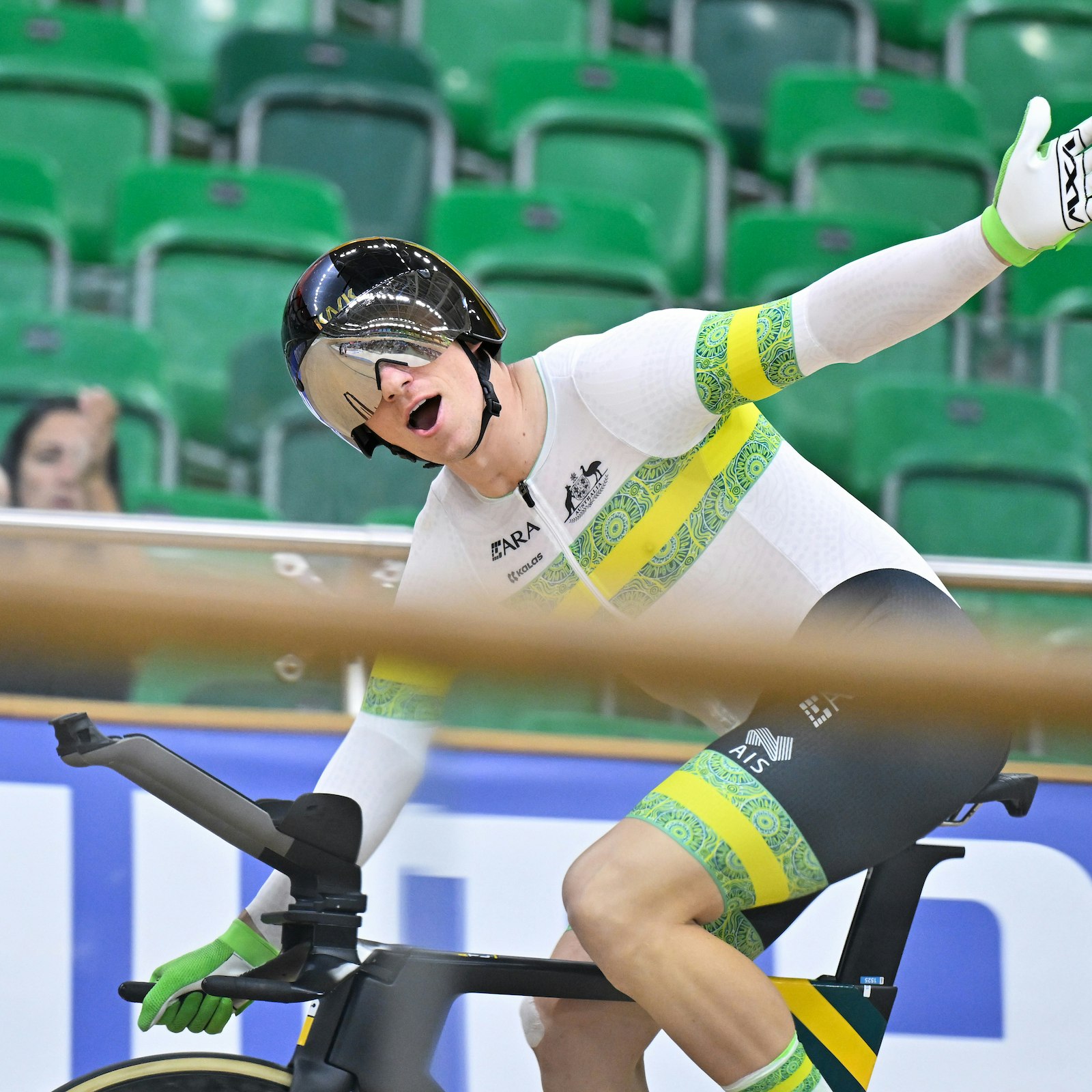Korey Boddington celebrates after winning gold and setting a new world record in C3 Men 1km Time Trial at the 2025 UCI Para-cycling Track World Championships in Rio. Picture: SWpix.com