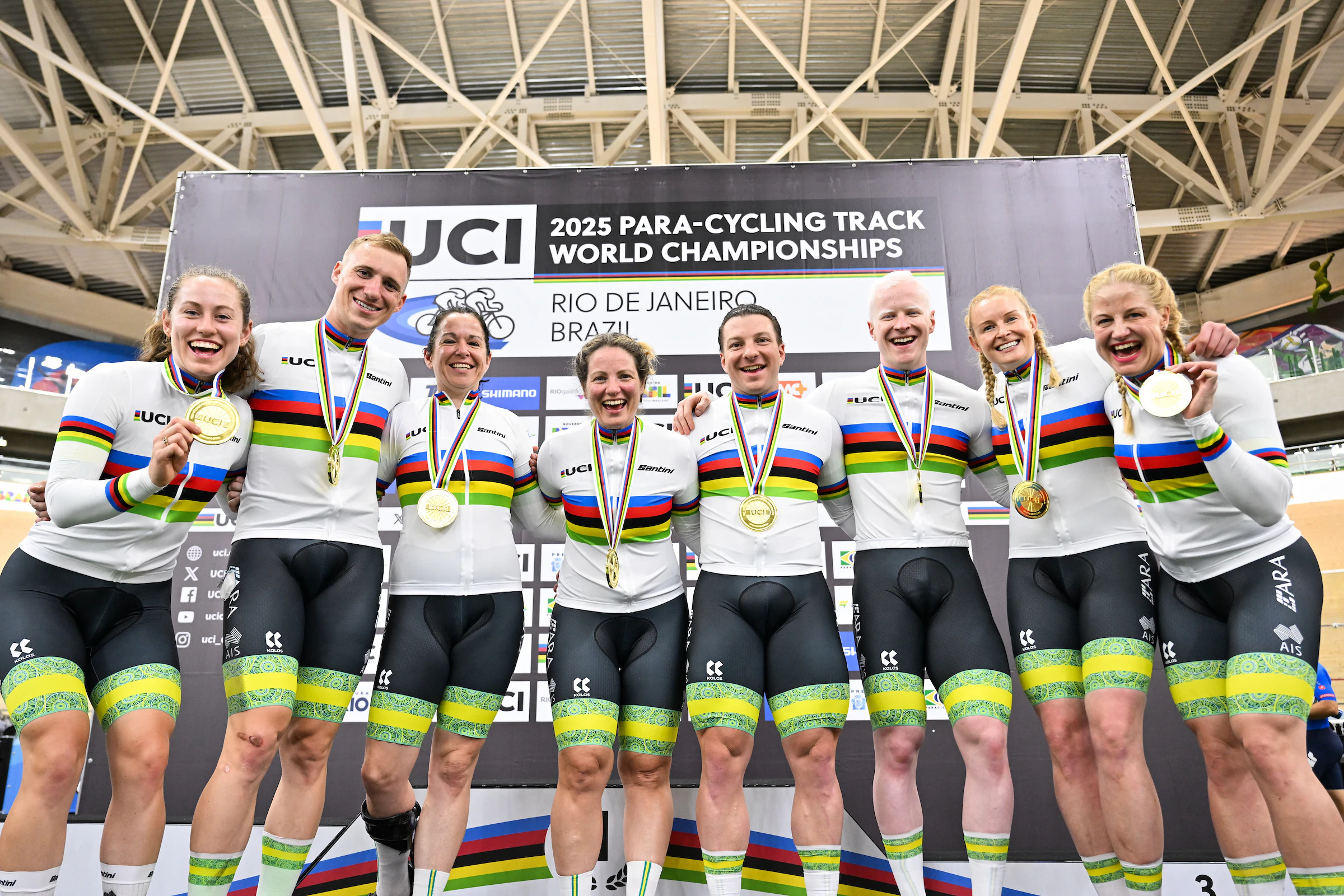 Tara Neyland, Korey Boddington, Tahlia Clayton-Goodie, Emily Petricola, Luke Zaccaria, Kane Perris, Jessica Gallagher and Jacqui Mengler-Mohr crowned world champions on Day 1 of 2025 UCI Para-cycling Track World Championships in Rio. Picture: SWpix.com