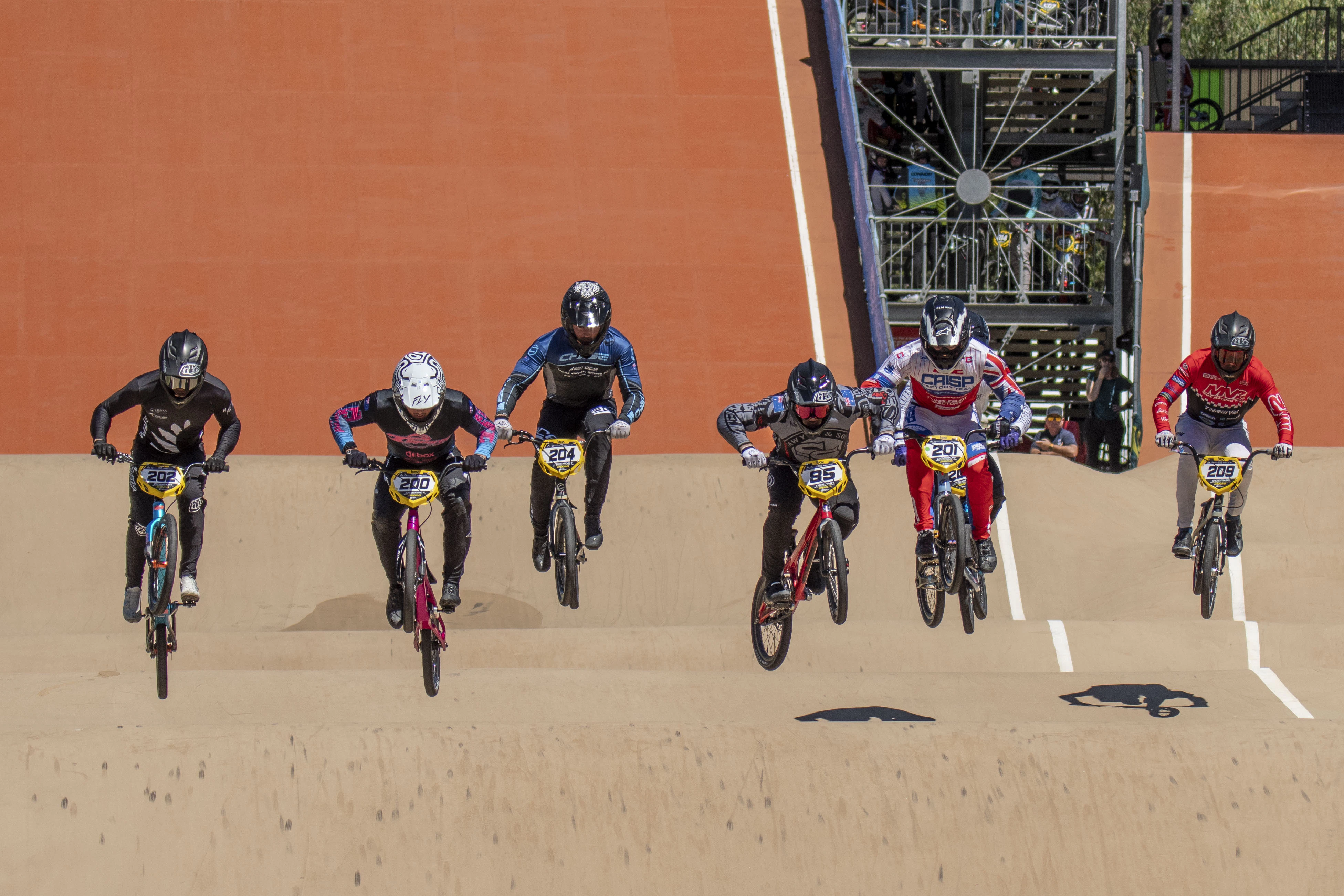Elite men racing at the 2026 Oceania BMX Racing Championships in Brisbane. Picture: Bruce Morris/LUXBMX