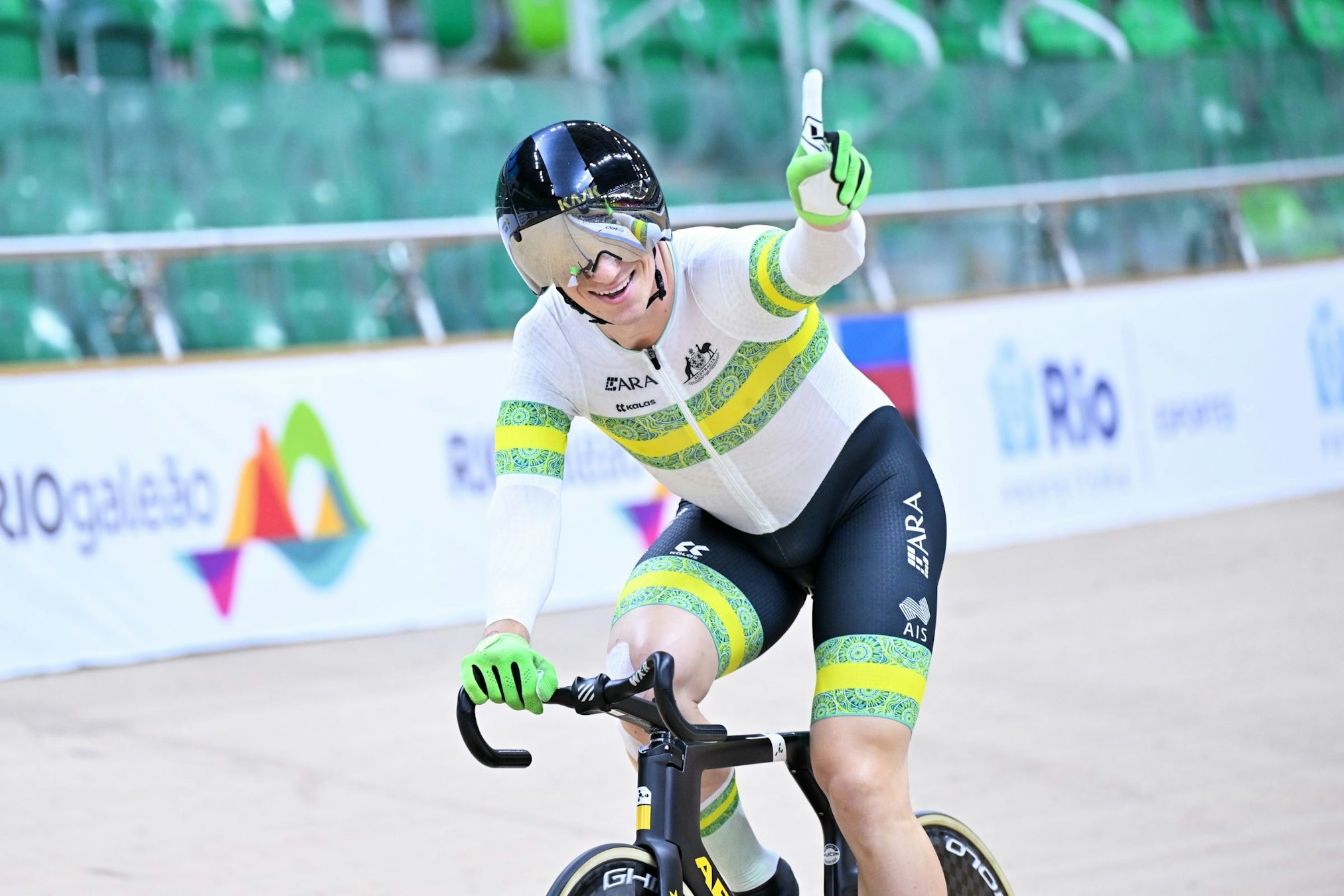 Korey Boddington celebrates with a raised finger after winning at the 2025 UCI Para-cycling Track World Championships