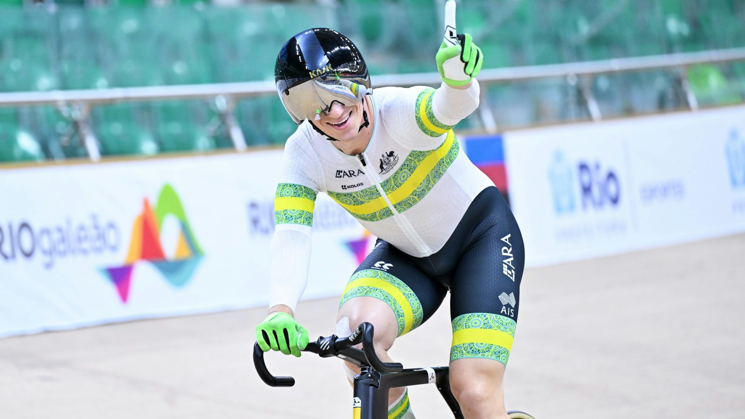Korey Boddington celebrates with a raised finger after winning at the 2025 UCI Para-cycling Track World Championships