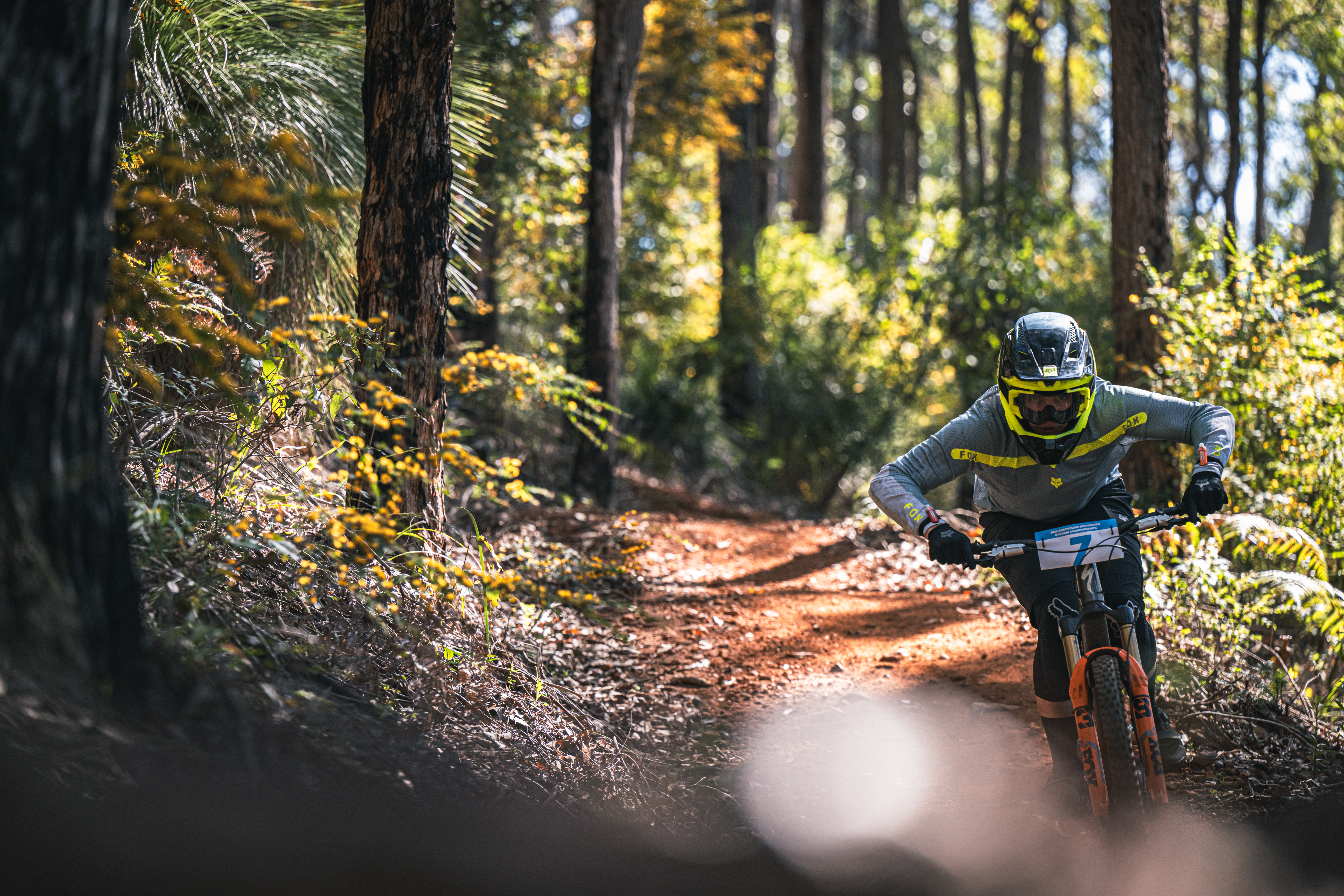 Enduro mountain bike rider wearing a yellow and black helmet descending a red dirt trail through sunlit forest.