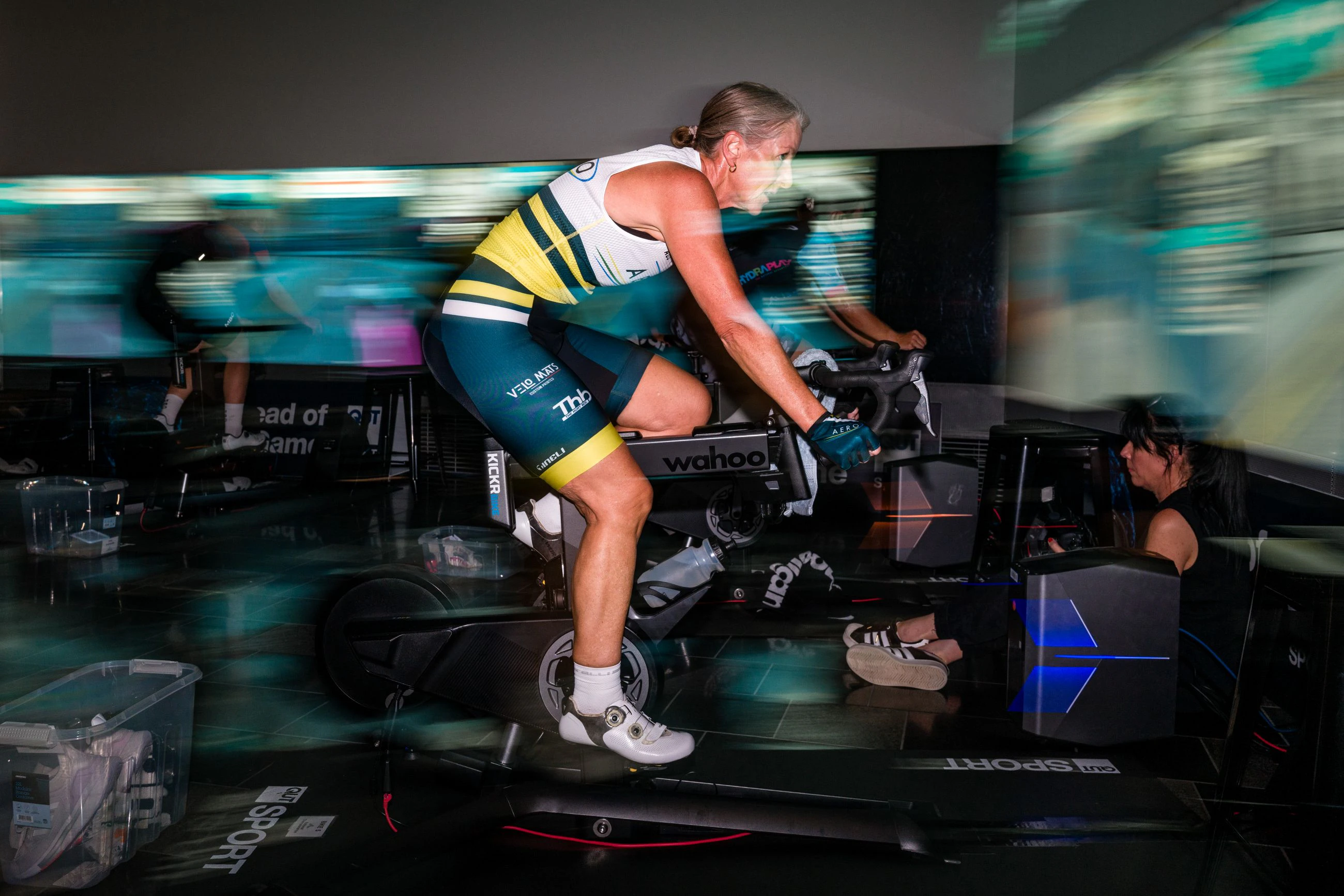 Jessica Bemrose competing at the 2024 AusCycling Esports National Championships at the QUT's The Cube in Brisbane