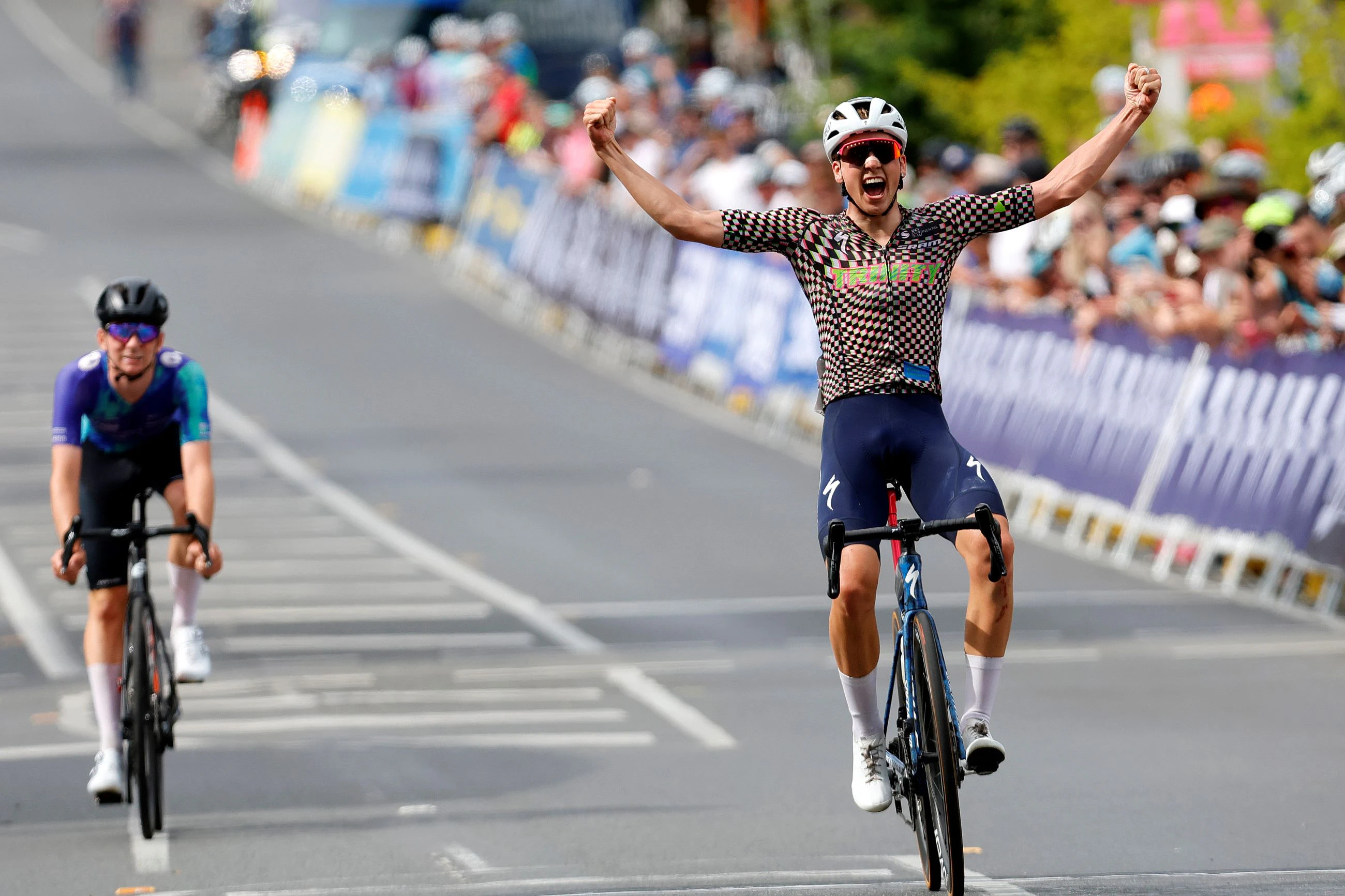 Fergus Browning celebrates his sensational win in the 2024 under-23 men’s road race national title in Ballarat