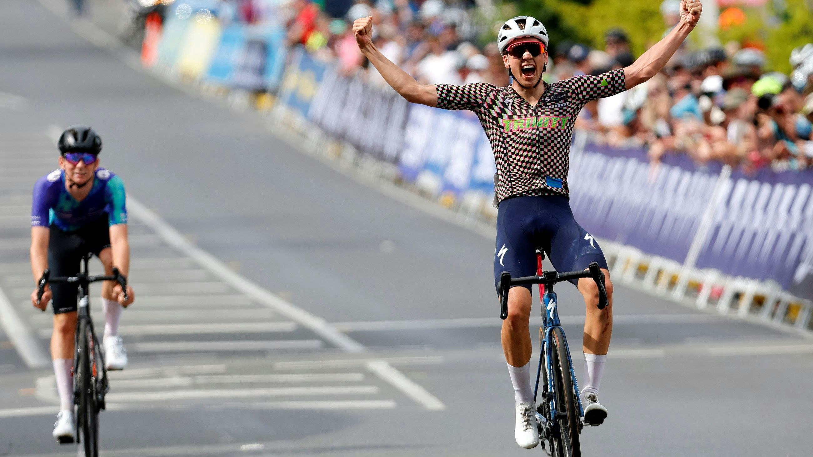 Fergus Browning celebrates his sensational win in the 2024 under-23 men’s road race national title in Ballarat