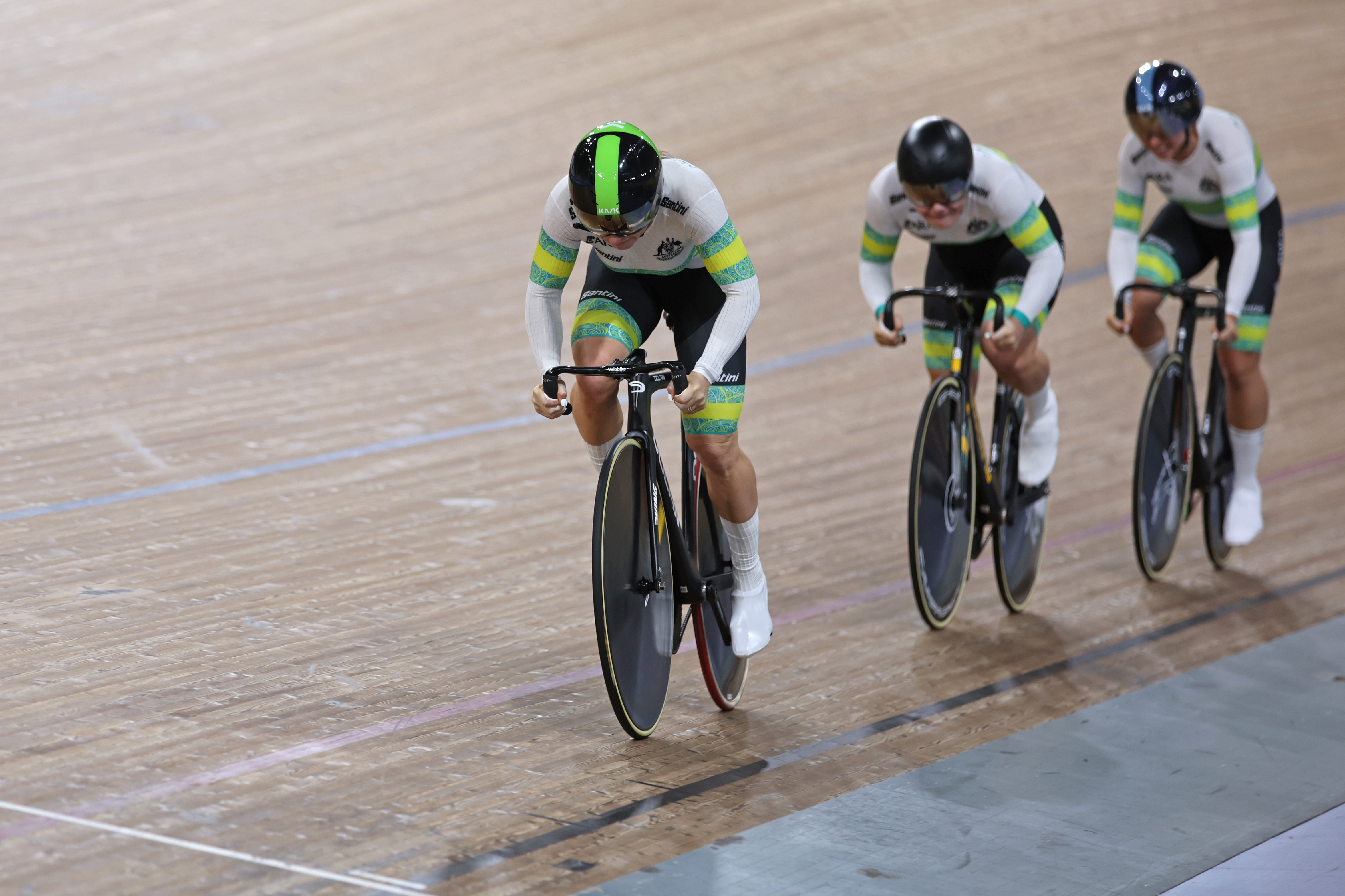 Kristine Perkins leads away Alessia McCaig and Sophie Watts in the women's team sprint at the 2025 Oceania Track Cycling Championships. Picture: Mat Gilfedder