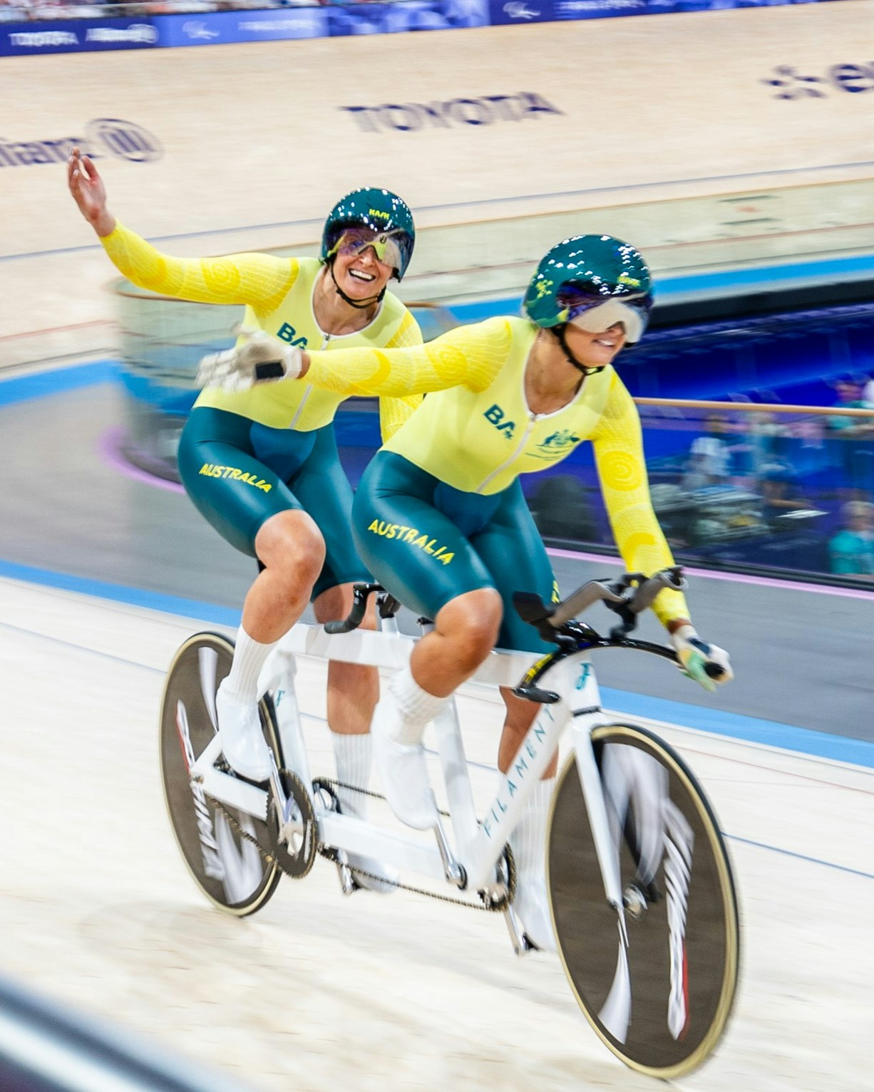 Australian para-cyclists Jessica Gallagher and Caitlin Ward celebrate winning a medal in the Tandem B vision-impaired and blind track cycling events at the Paris 2024 Paralympic Games