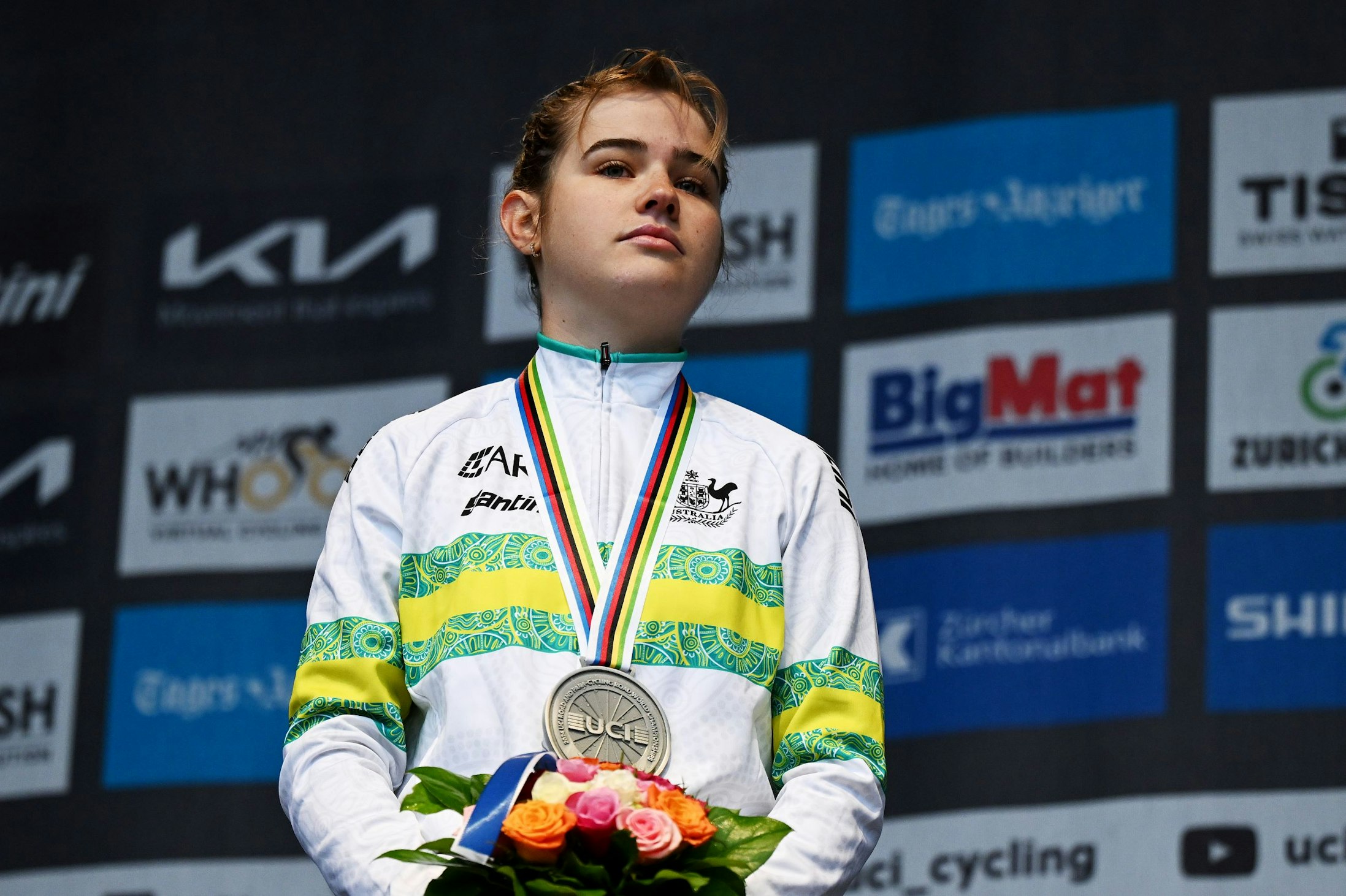 Silver medalist Neve Bradbury of the ARA Australian Cycling Team poses on the podium during the UCI Cycling World Championships Zurich 2024, Women's U23 Road Race from Uster to Zurich on September 28, 2024 in Zurich, Switzerland. (Photo by Tim de Waele/Getty Images)