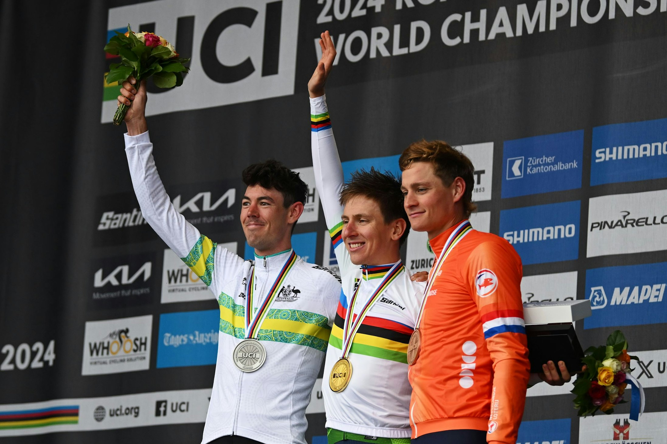 Gold medalist Tadej Pogacar, silver medalist Ben O'Connor of the ARA Australian Cycling Team and Mathieu Van Der Poel pose on the podium during the UCI Cycling World Championships Zurich 2024, Men's Elite Road Race a 273.9km one day race from Winterthur to Zurich on September 29, 2024 in Zurich, Switzerland. (Photo by Dario Belingheri/Getty Images)