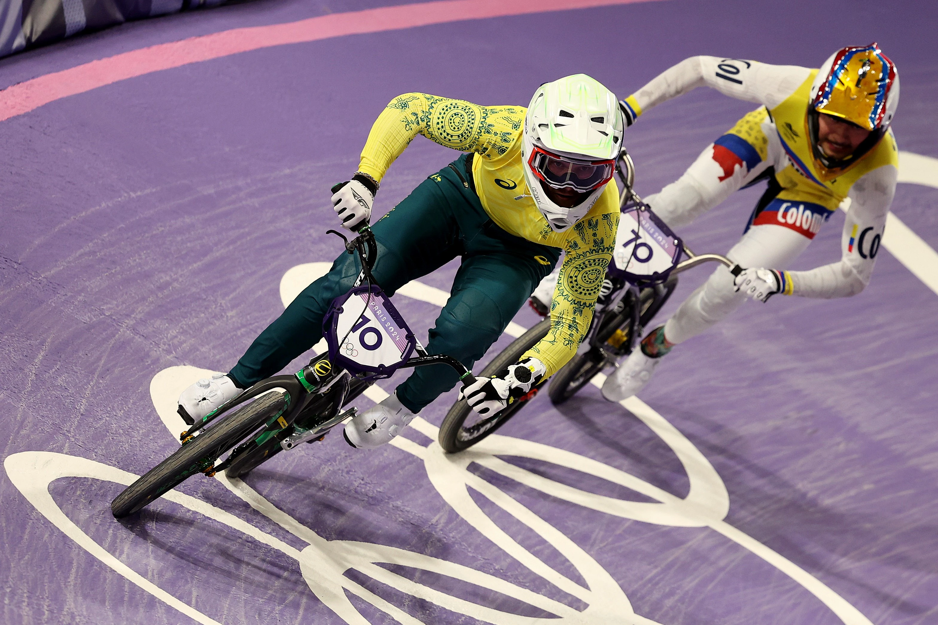 Australian BMX racer Izaac Kennedy negotiates a left-hand turn during the Paris 2024 Olympic Games.