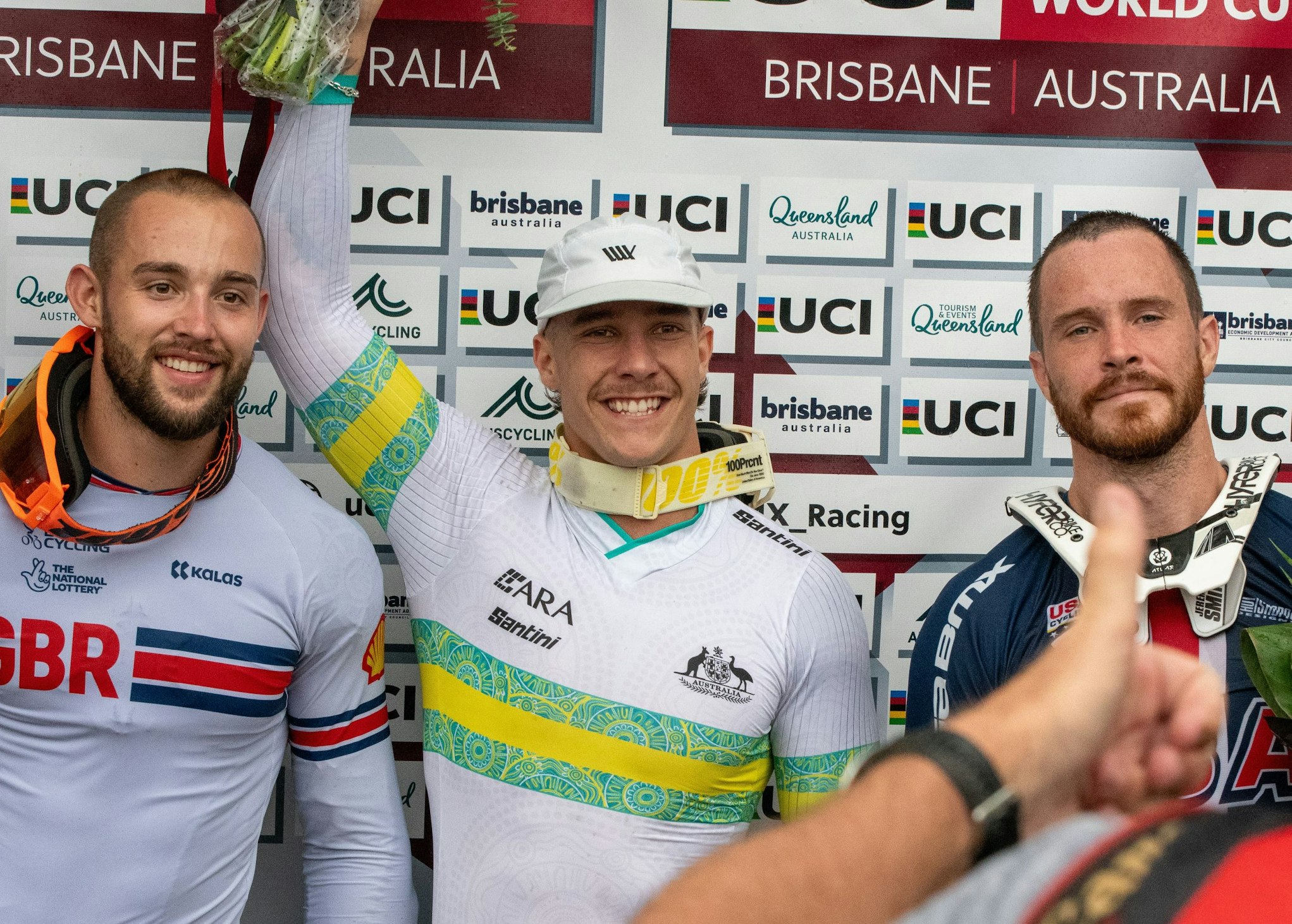 Australian BMX racer Izaac Kennedy celebrates on the podium of the UCI World Cup in Brisbane in 2024