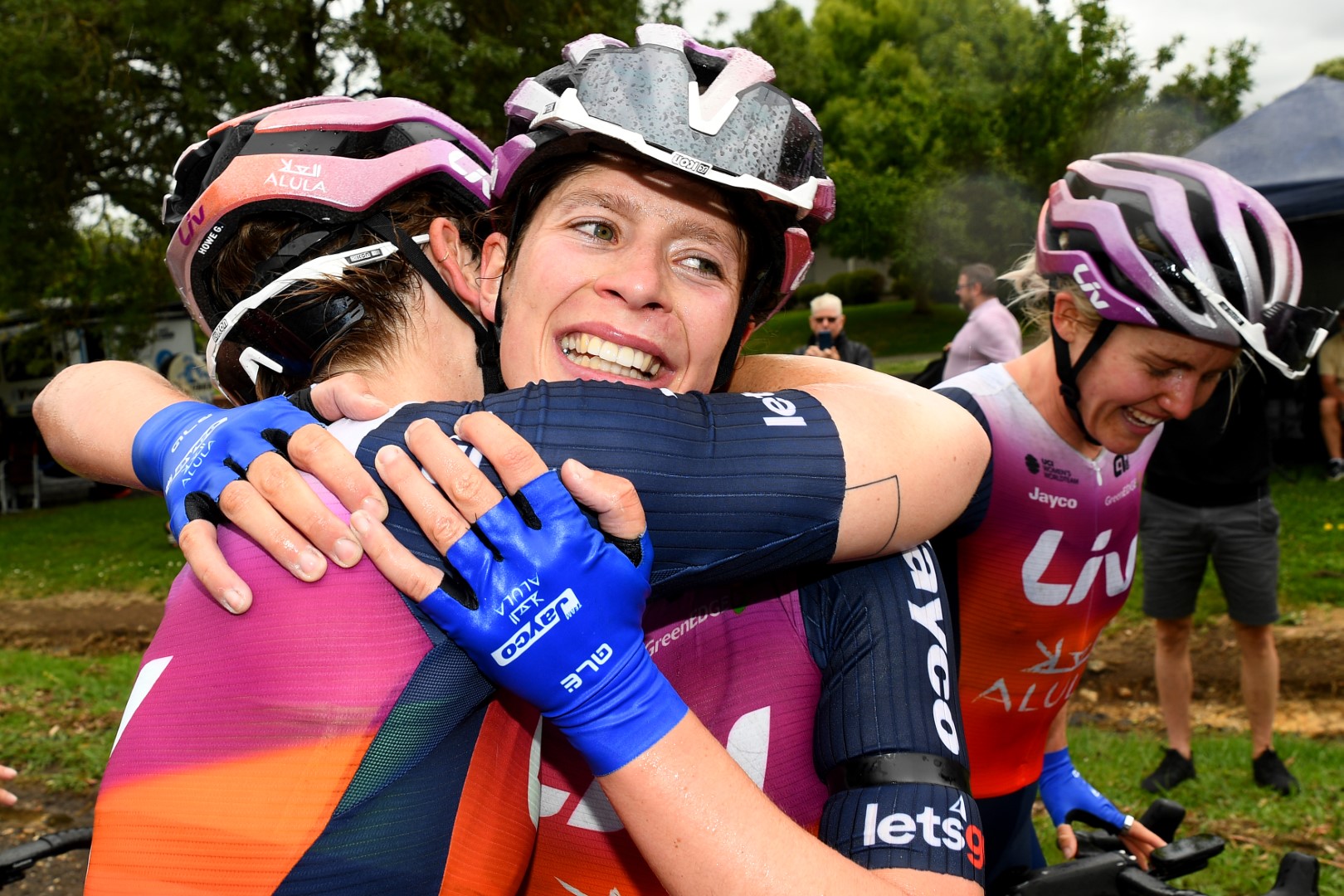 Ruby Roseman-Gannon hugs her Liv AlUla Jayco teammates after the 2024 road race national championship in Buninyong, Ballarat