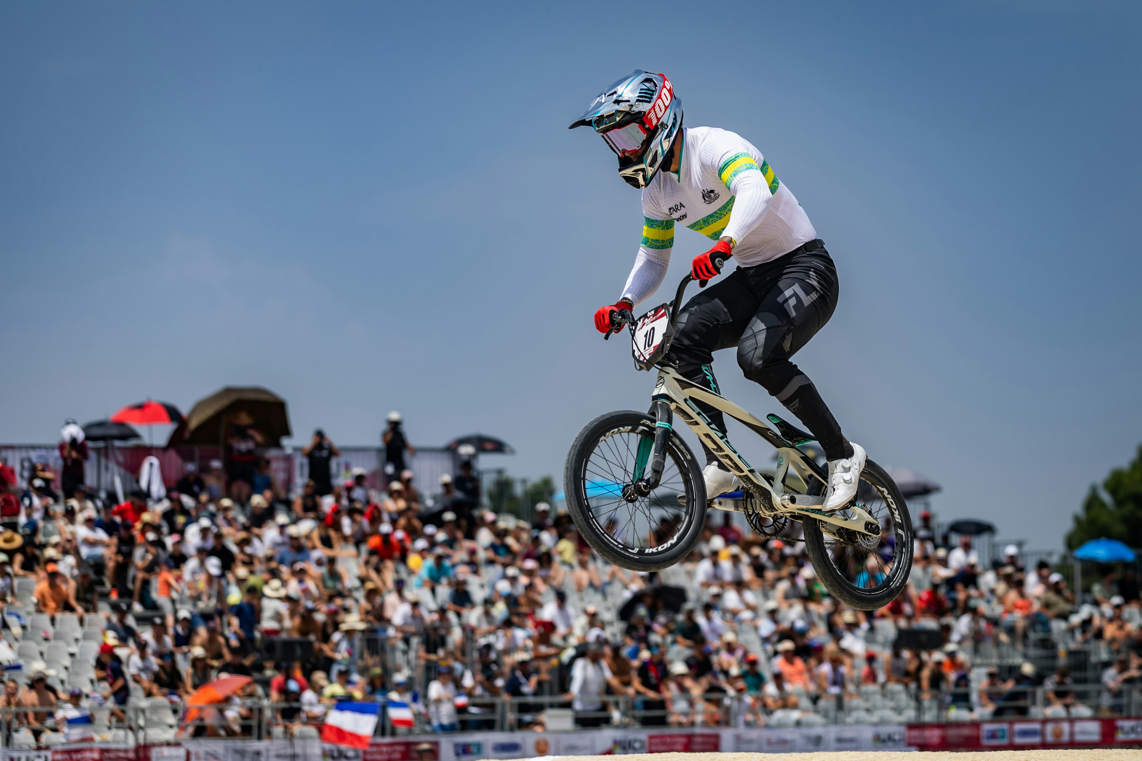 Izaac Kennedy racing in Round 1 of the 2025 UCI BMX Racing World Cup at Sarrians, France - ARA Australian Cycling Team. Picture: Navada Photography